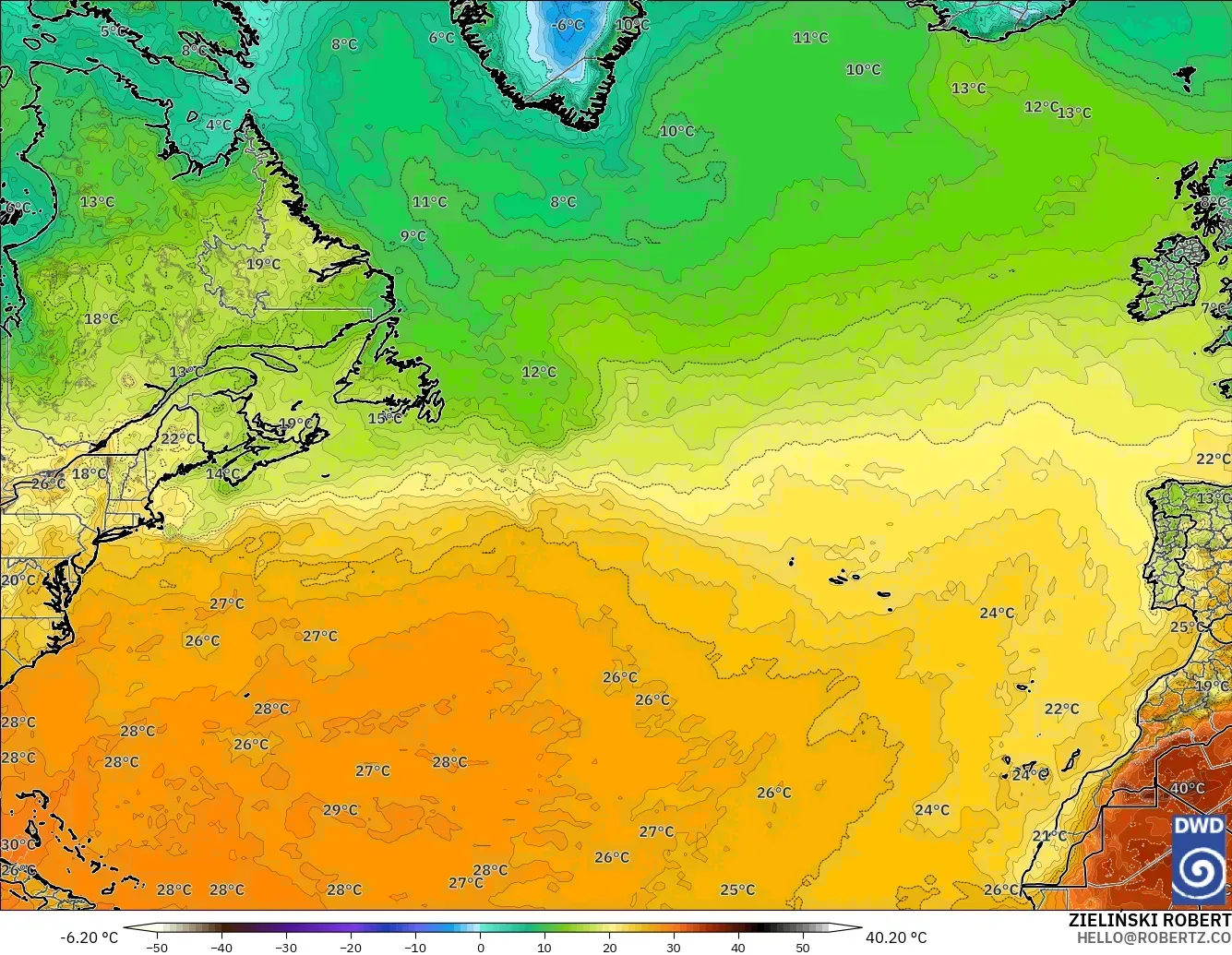 ICON modelo - Norte Atlántico, Temperatura a 2 m