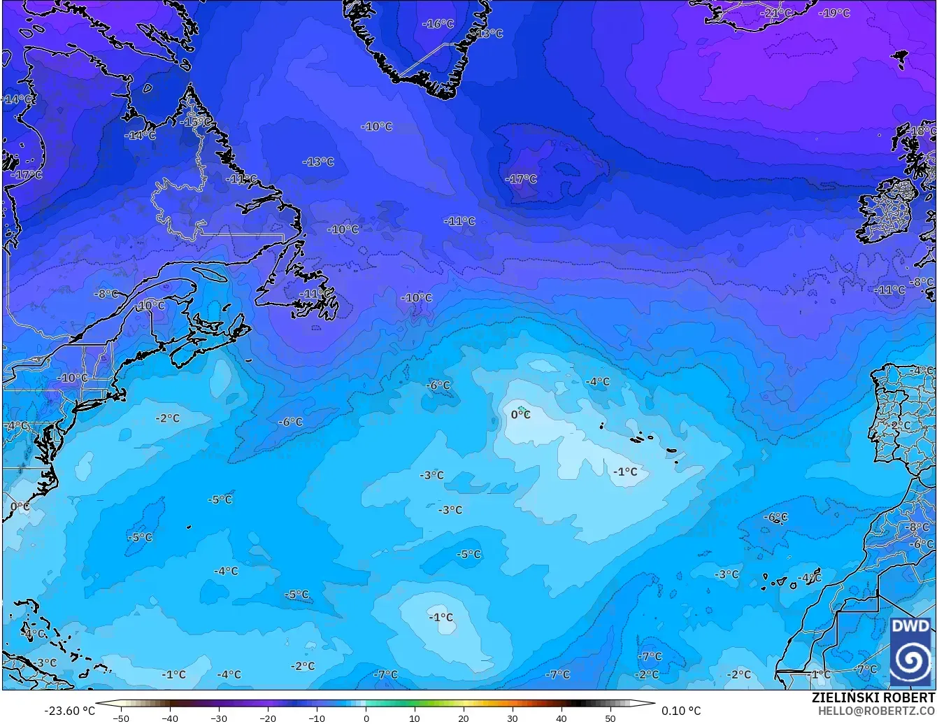 ICON modelo - Norte Atlántico, Temperatura a 500 hPa