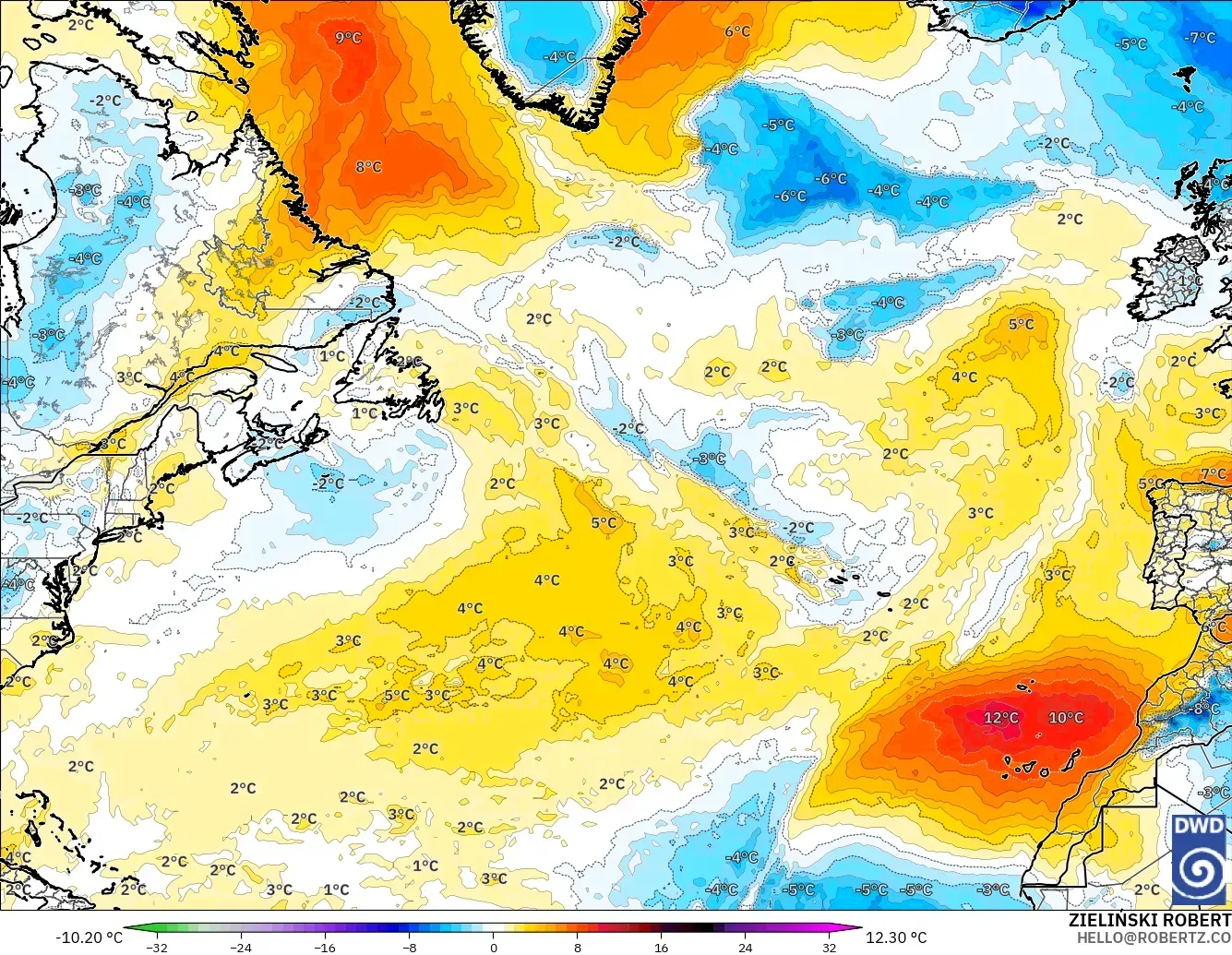 ICON modelo - Norte Atlántico, Anomalía de temperatura a 850 hPa