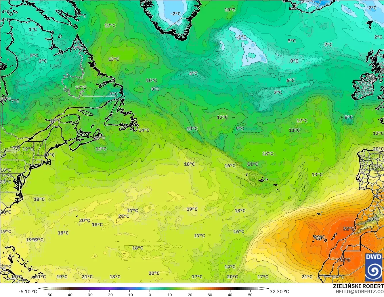ICON modelo - Norte Atlántico, Temperatura a 850 hPa