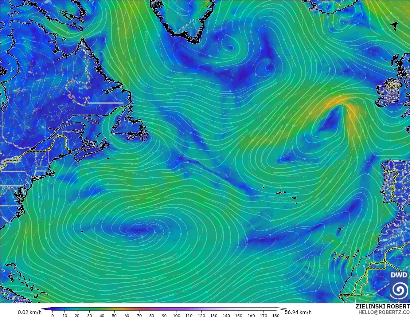 ICON modelo - Norte Atlántico, Viento a 10 m