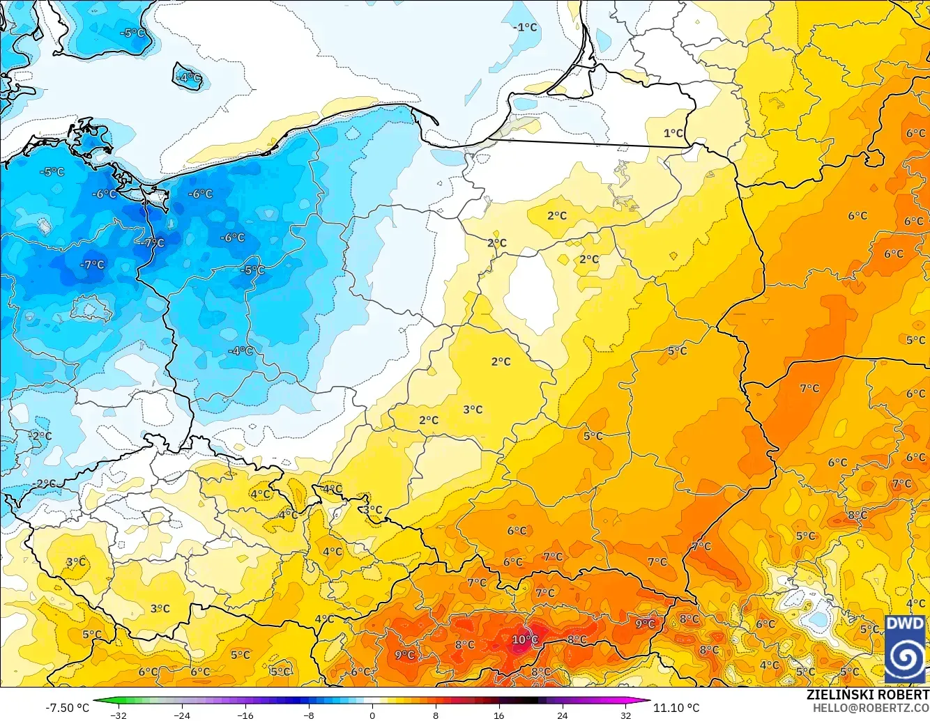 ICON modelo - Polonia, Anomalía de temperatura a 2 m