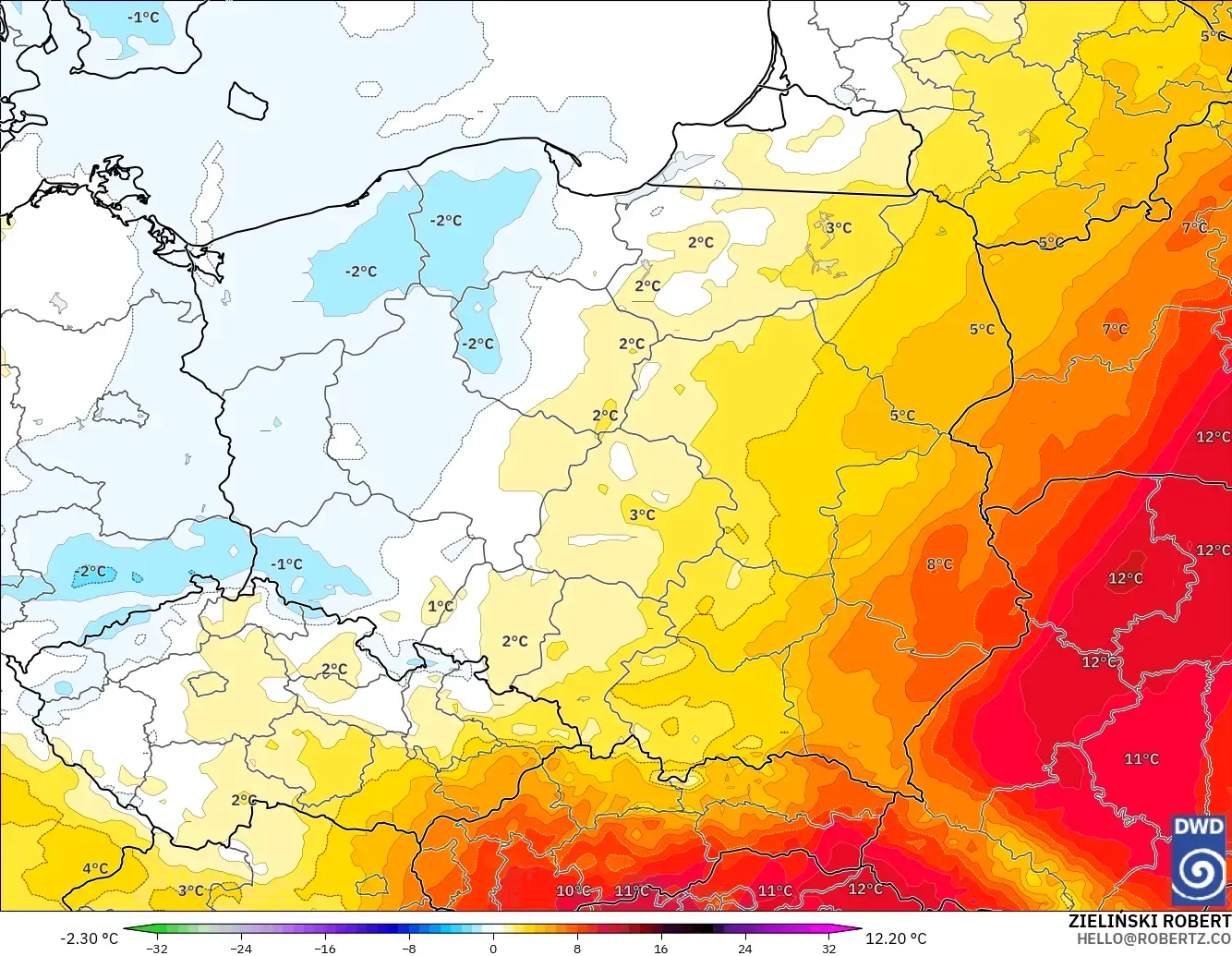 ICON modelo - Polonia, Anomalía de temperatura a 850 hPa