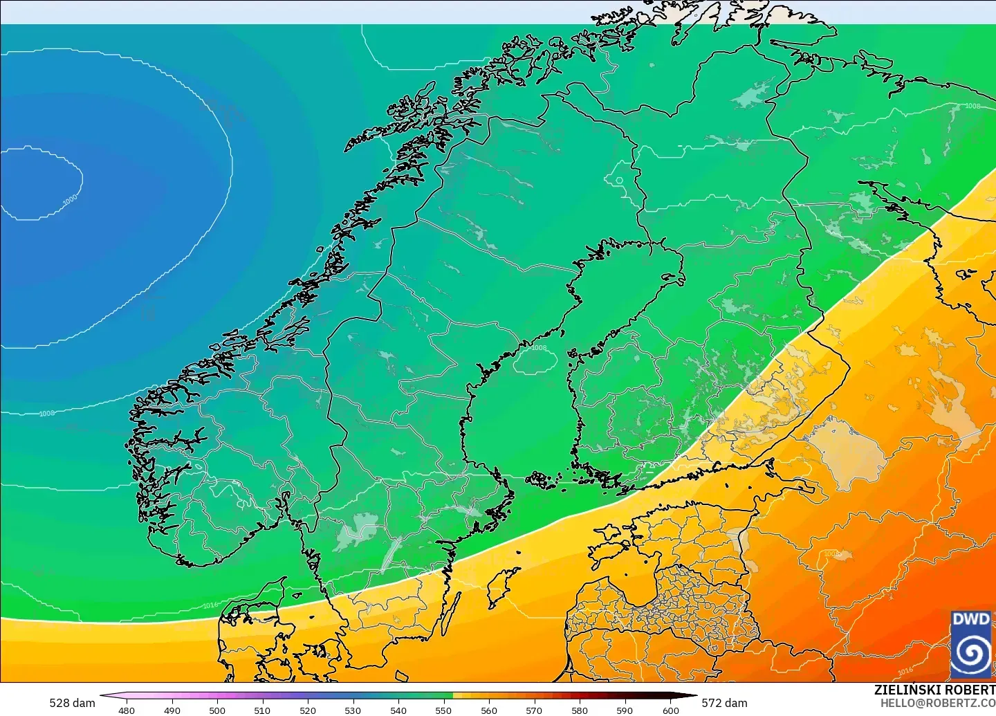 ICON modelo - Escandinavia, Altura geopotencial a 500 hPa