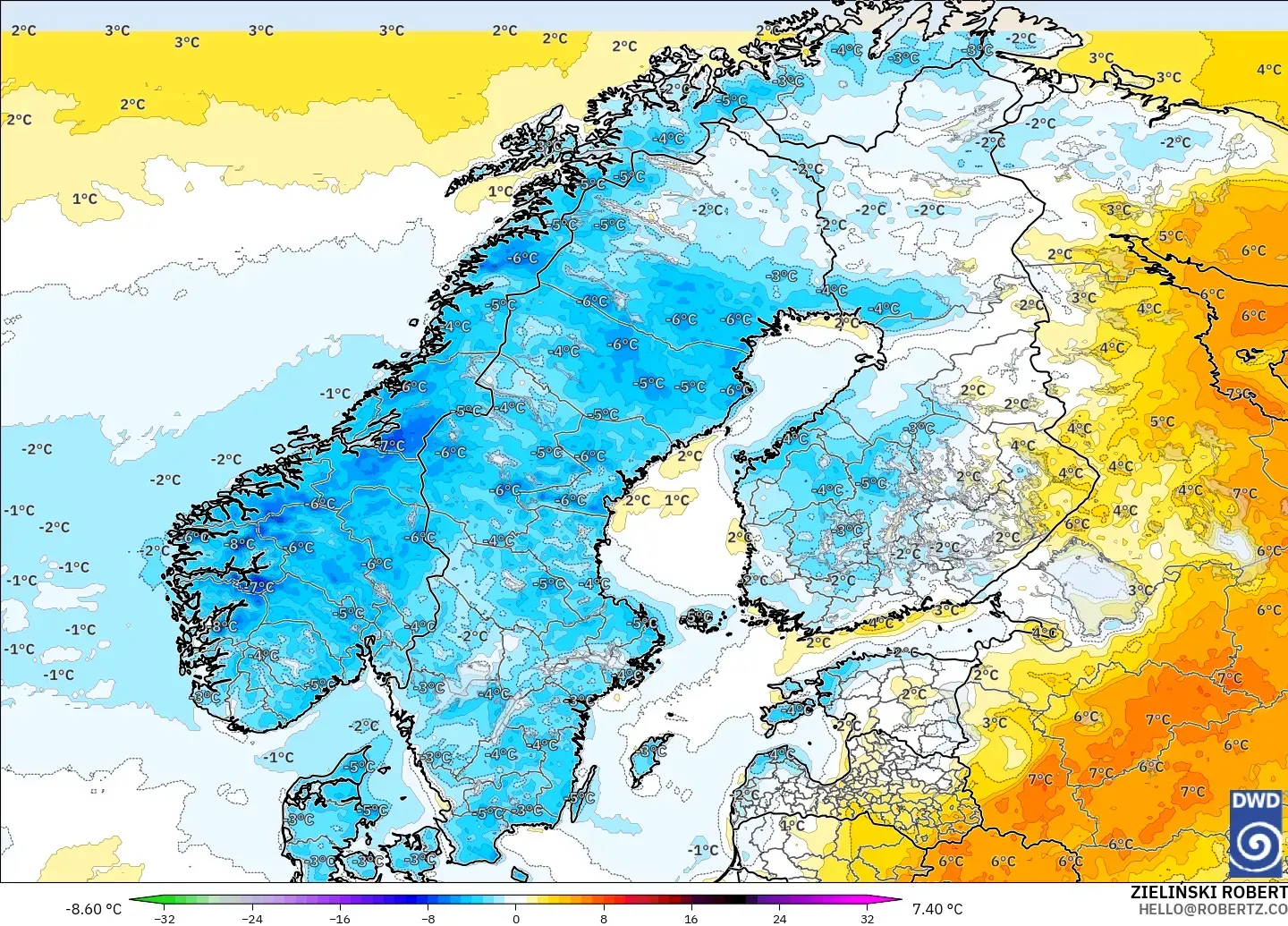 ICON modelo - Escandinavia, Anomalía de temperatura a 2 m