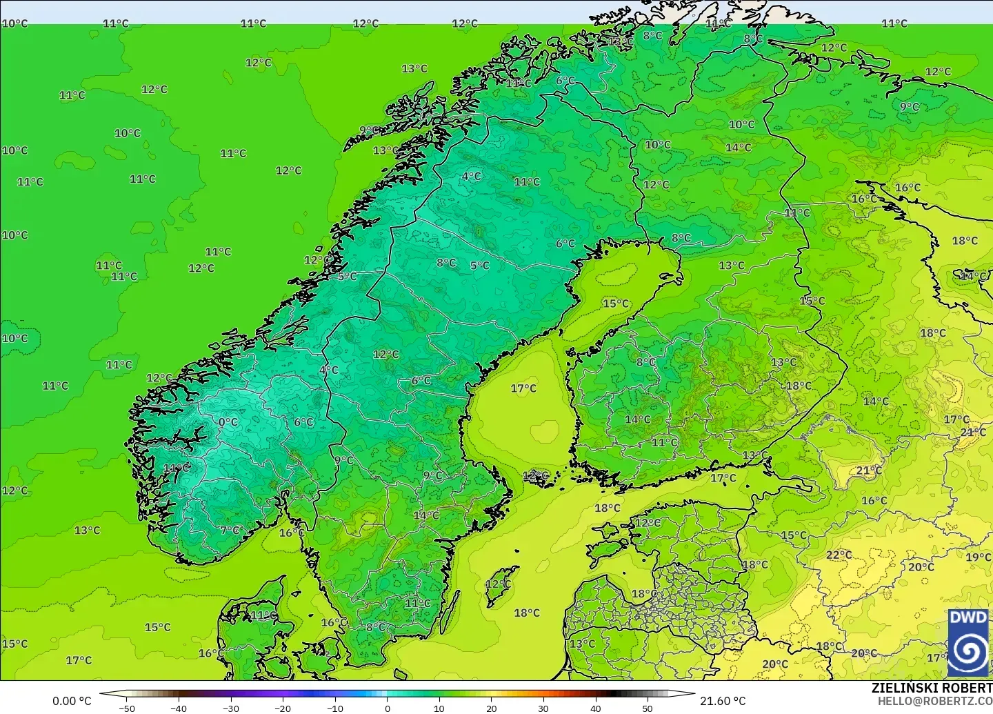 ICON modelo - Escandinavia, Temperatura a 2 m