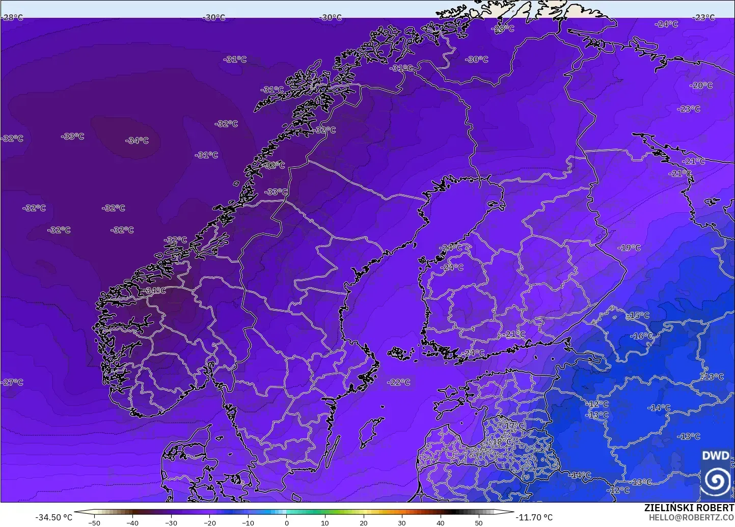 ICON modelo - Escandinavia, Temperatura a 500 hPa