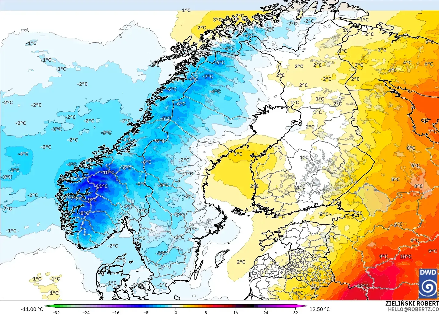 ICON modelo - Escandinavia, Anomalía de temperatura a 850 hPa