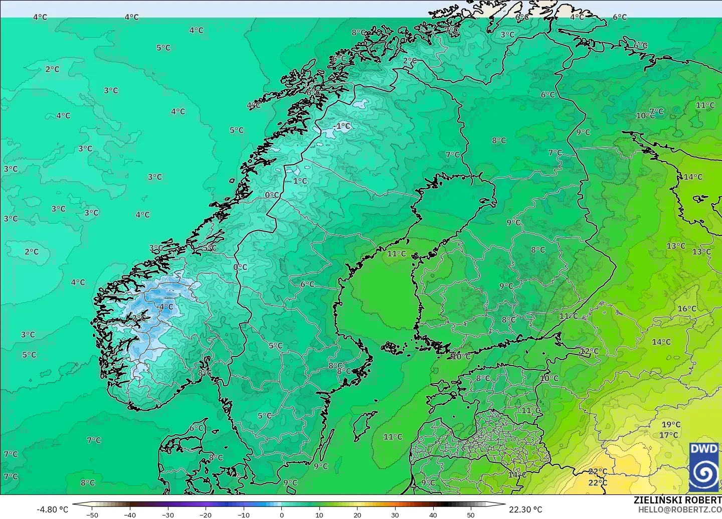 ICON modelo - Escandinavia, Temperatura a 850 hPa