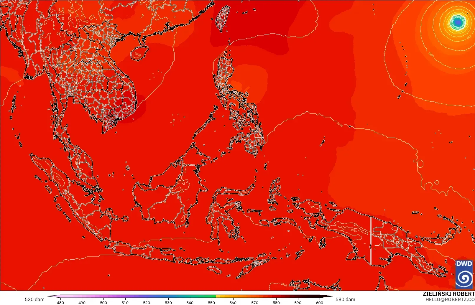 ICON modelo - Sudeste Asiático, Altura geopotencial a 500 hPa