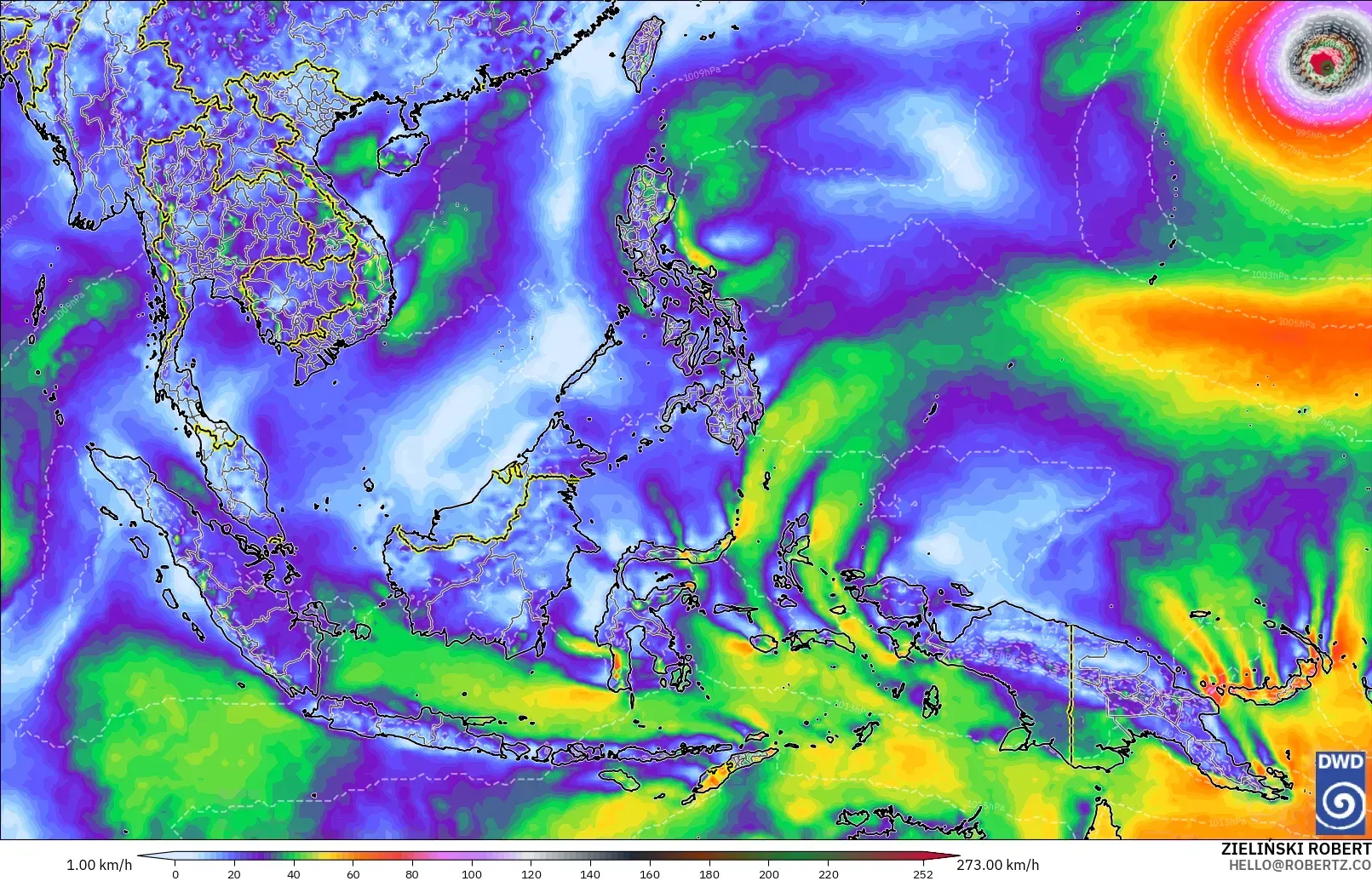 ICON modelo - Sudeste Asiático, Ráfagas de viento