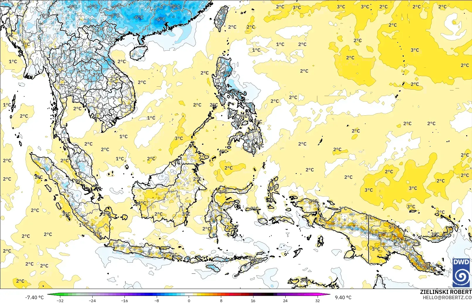 ICON modelo - Sudeste Asiático, Anomalía de temperatura a 2 m