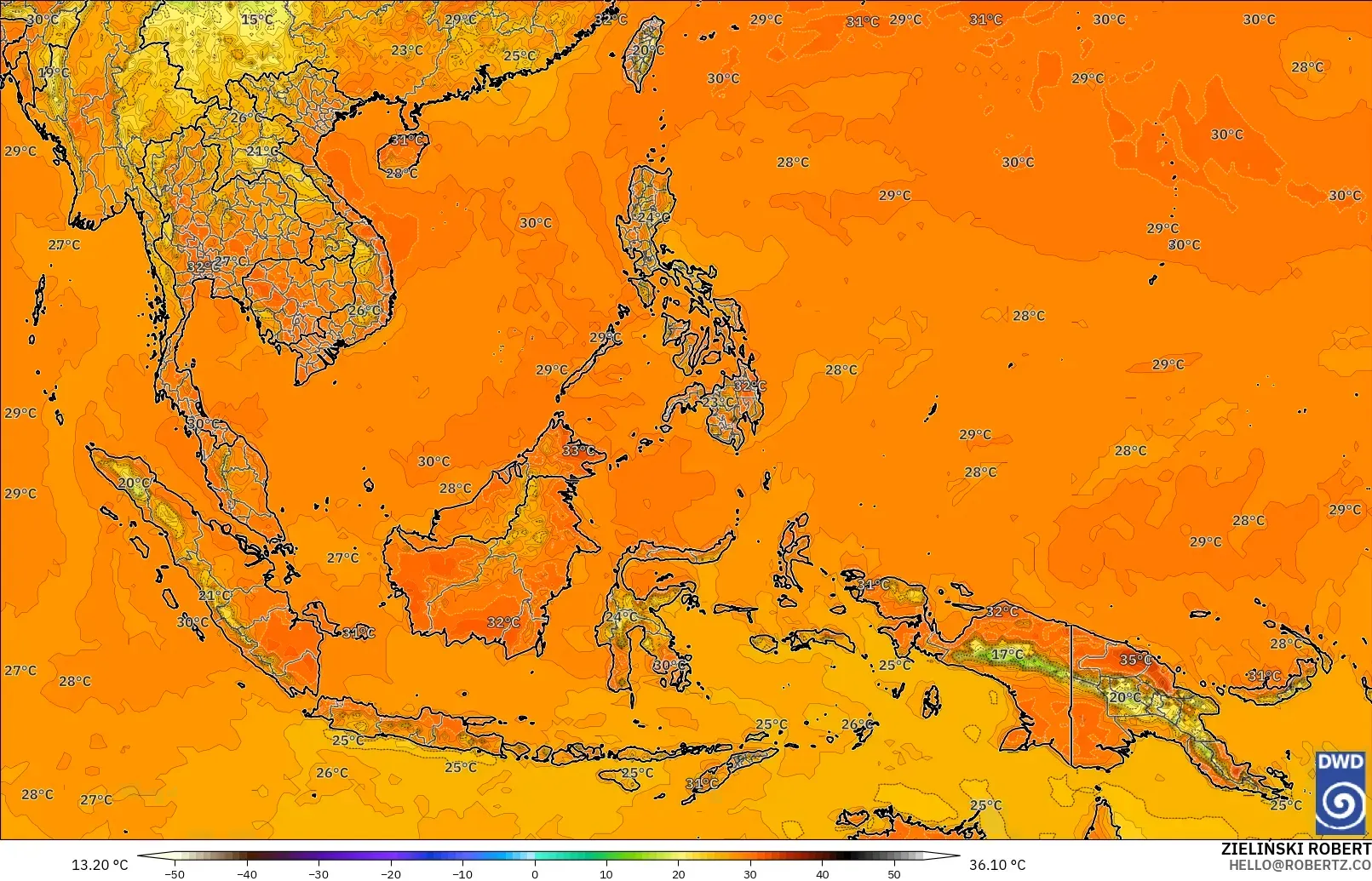 ICON modelo - Sudeste Asiático, Temperatura a 2 m