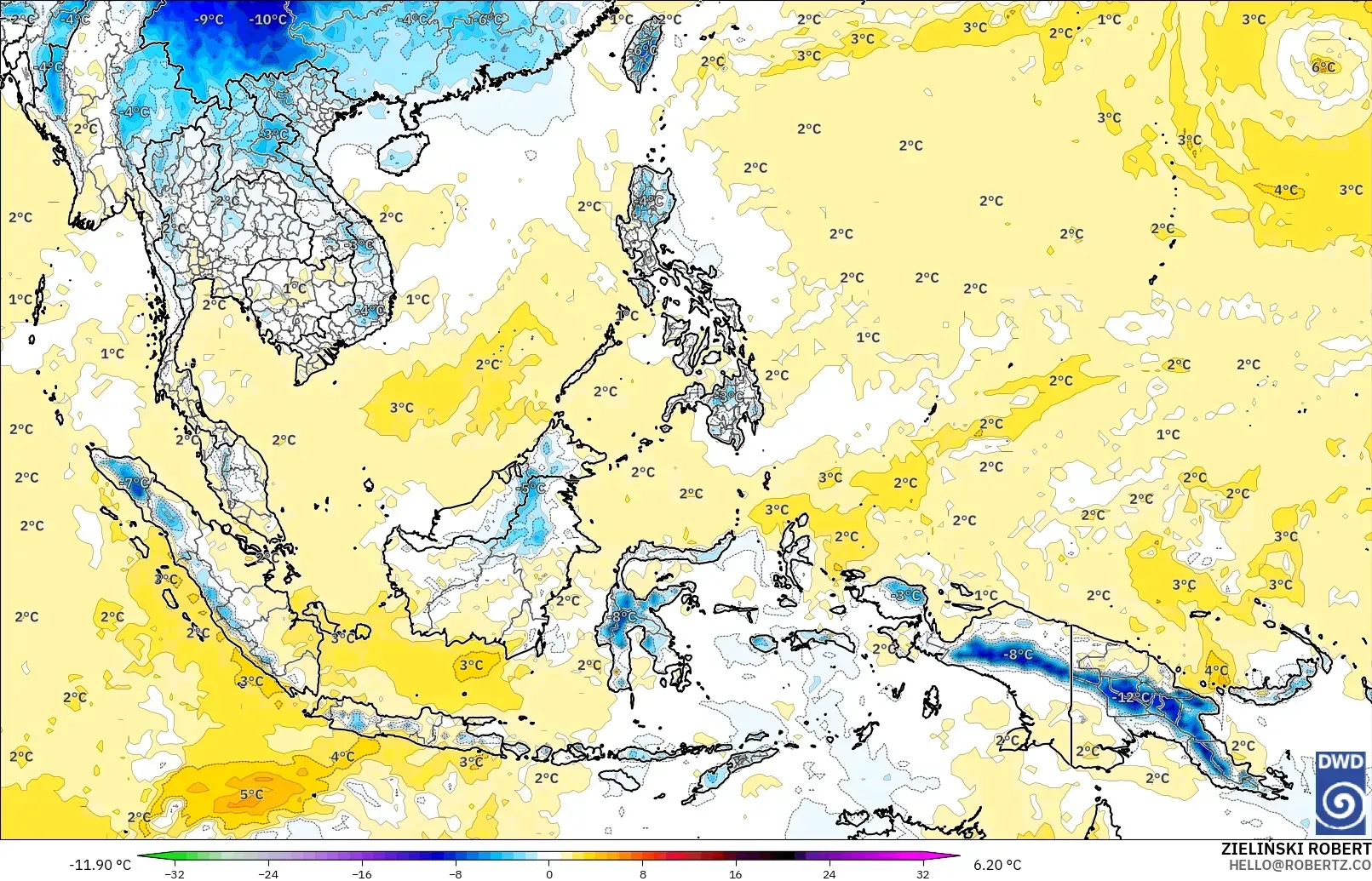ICON modelo - Sudeste Asiático, Anomalía de temperatura a 850 hPa