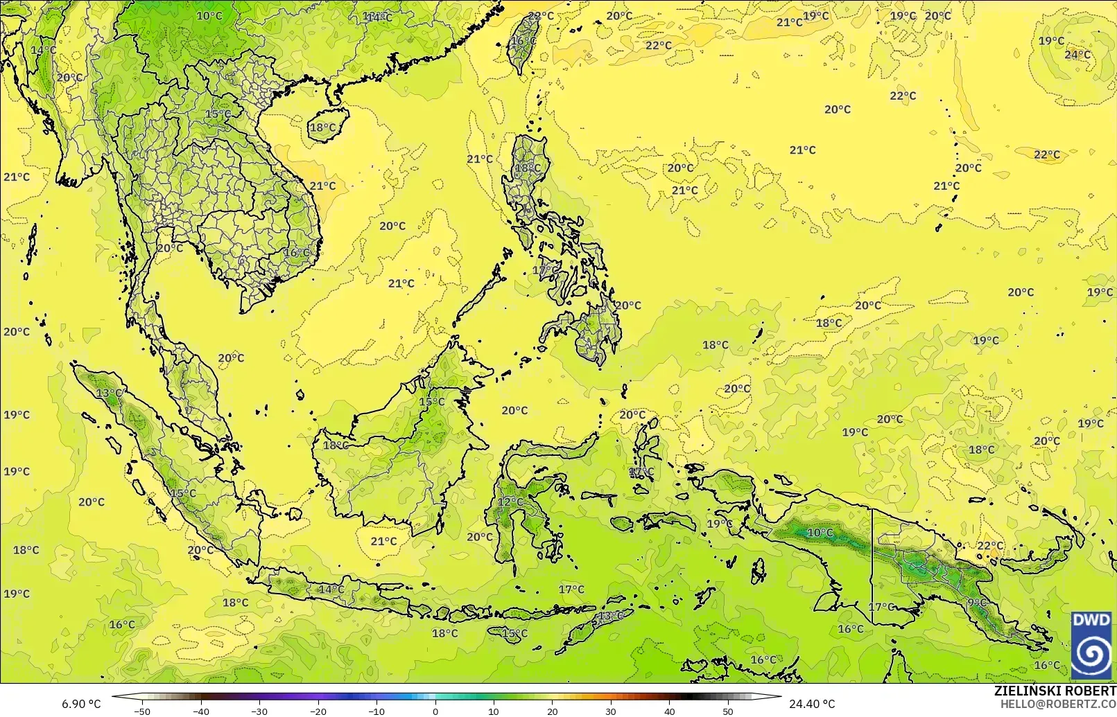 ICON modelo - Sudeste Asiático, Temperatura a 850 hPa