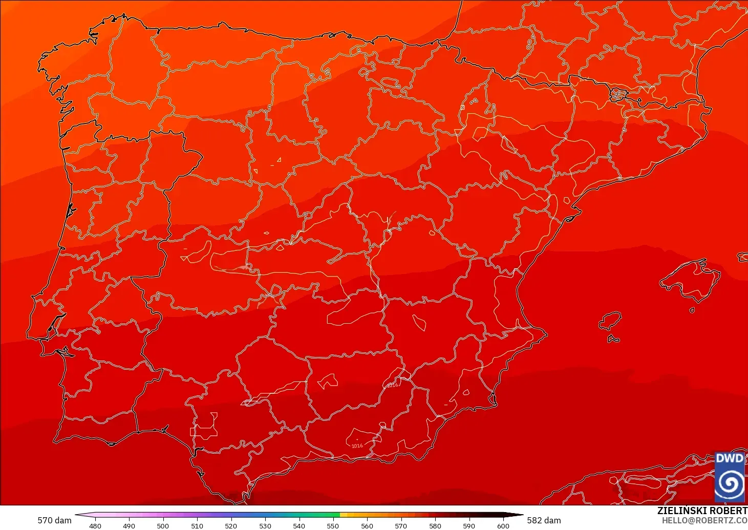 ICON modelo - España, Altura geopotencial a 500 hPa
