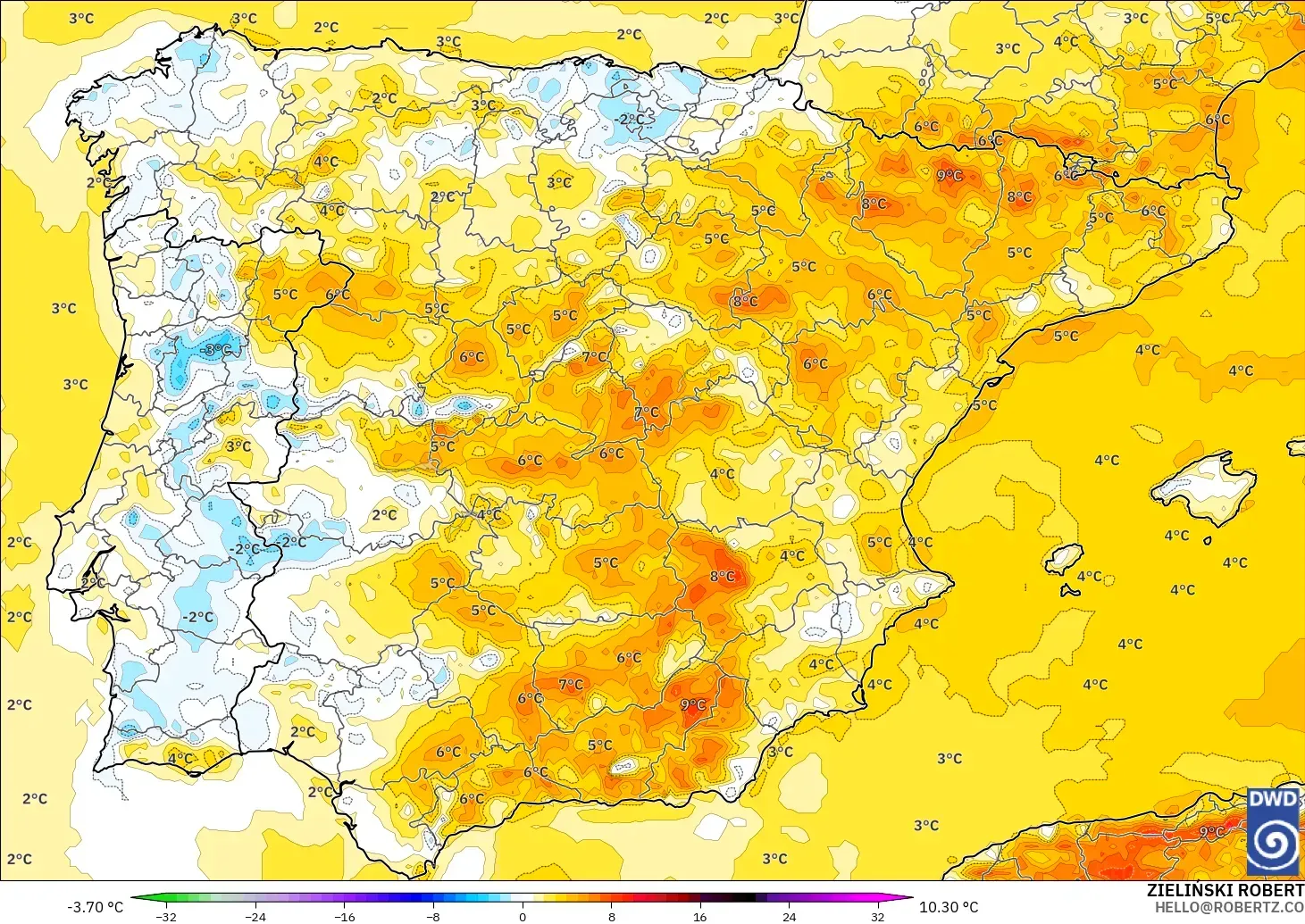 ICON modelo - España, Anomalía de temperatura a 2 m