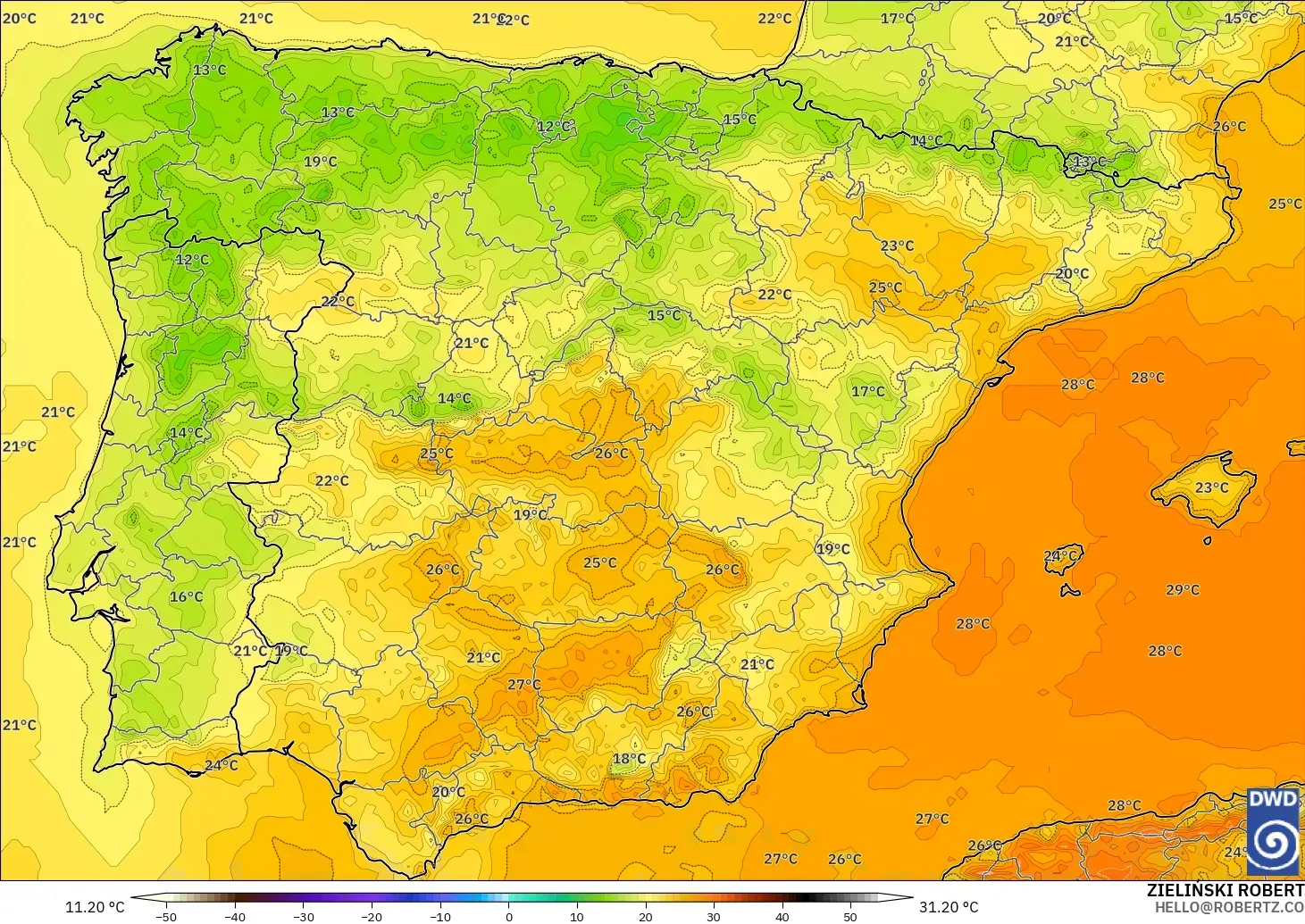 ICON modelo - España, Temperatura a 2 m
