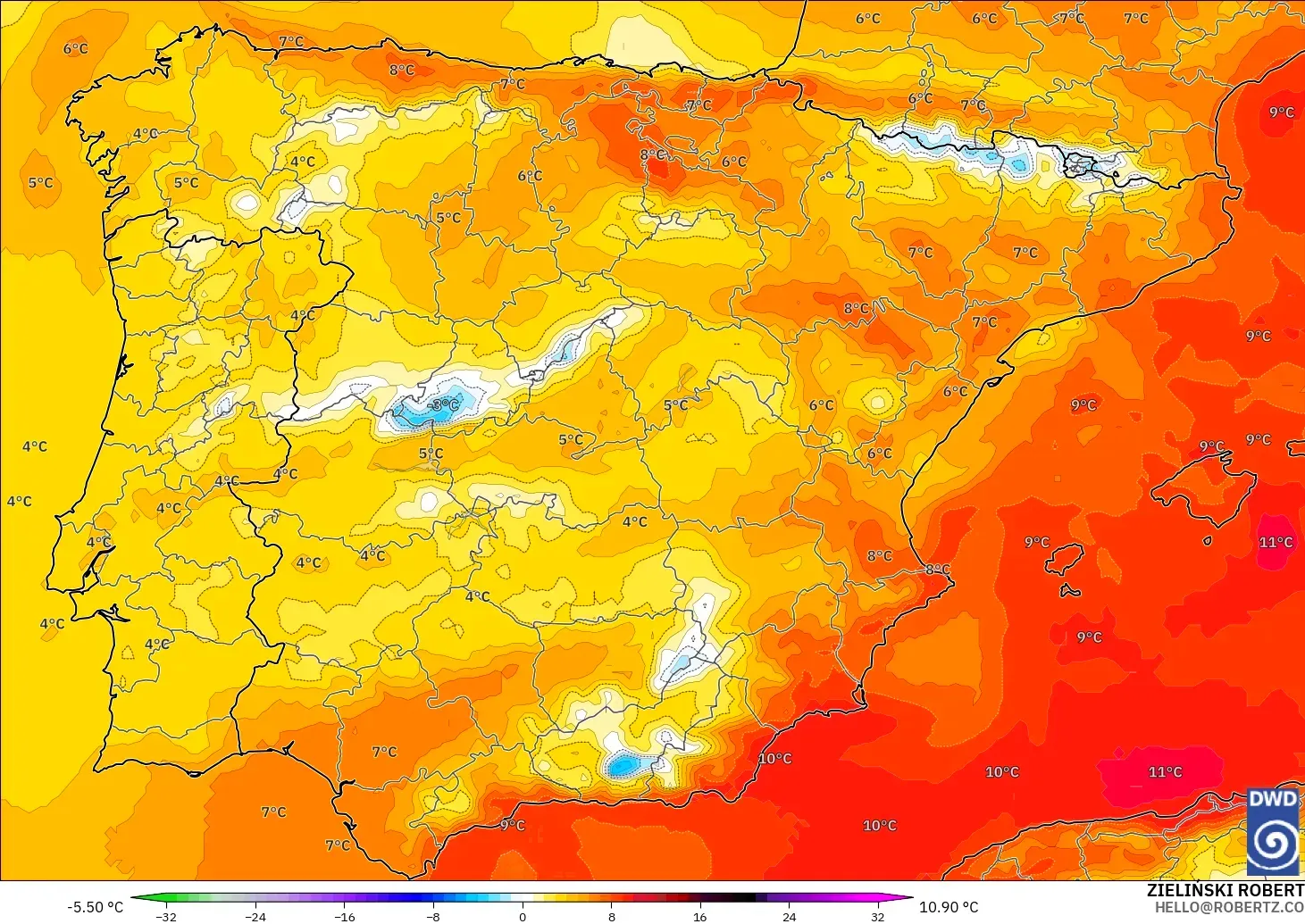 ICON modelo - España, Anomalía de temperatura a 850 hPa