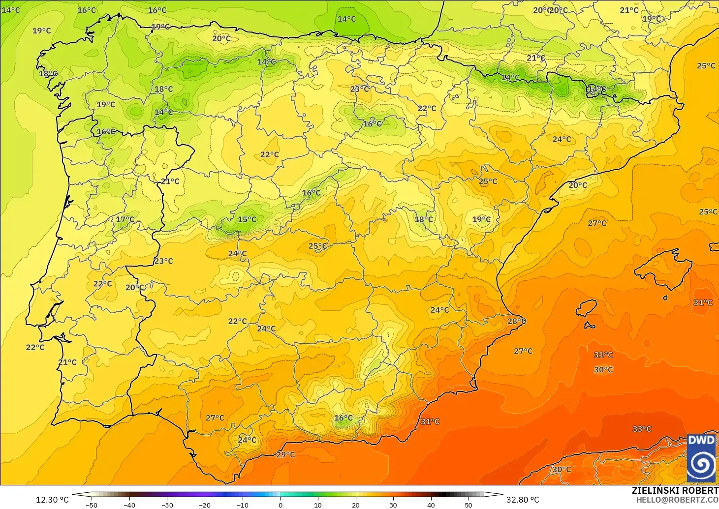 ICON modelo - España, Temperatura a 850 hPa