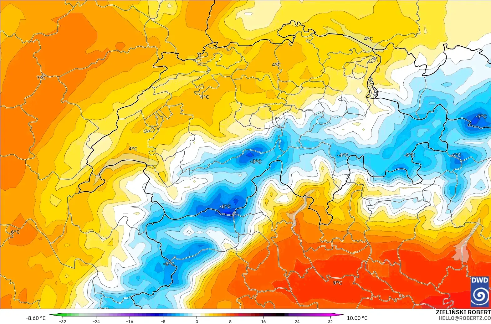 ICON modelo - Suiza, Anomalía de temperatura a 850 hPa