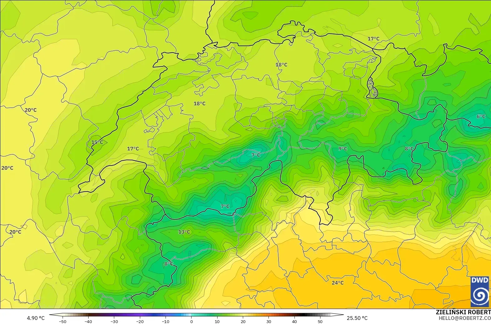 ICON modelo - Suiza, Temperatura a 850 hPa