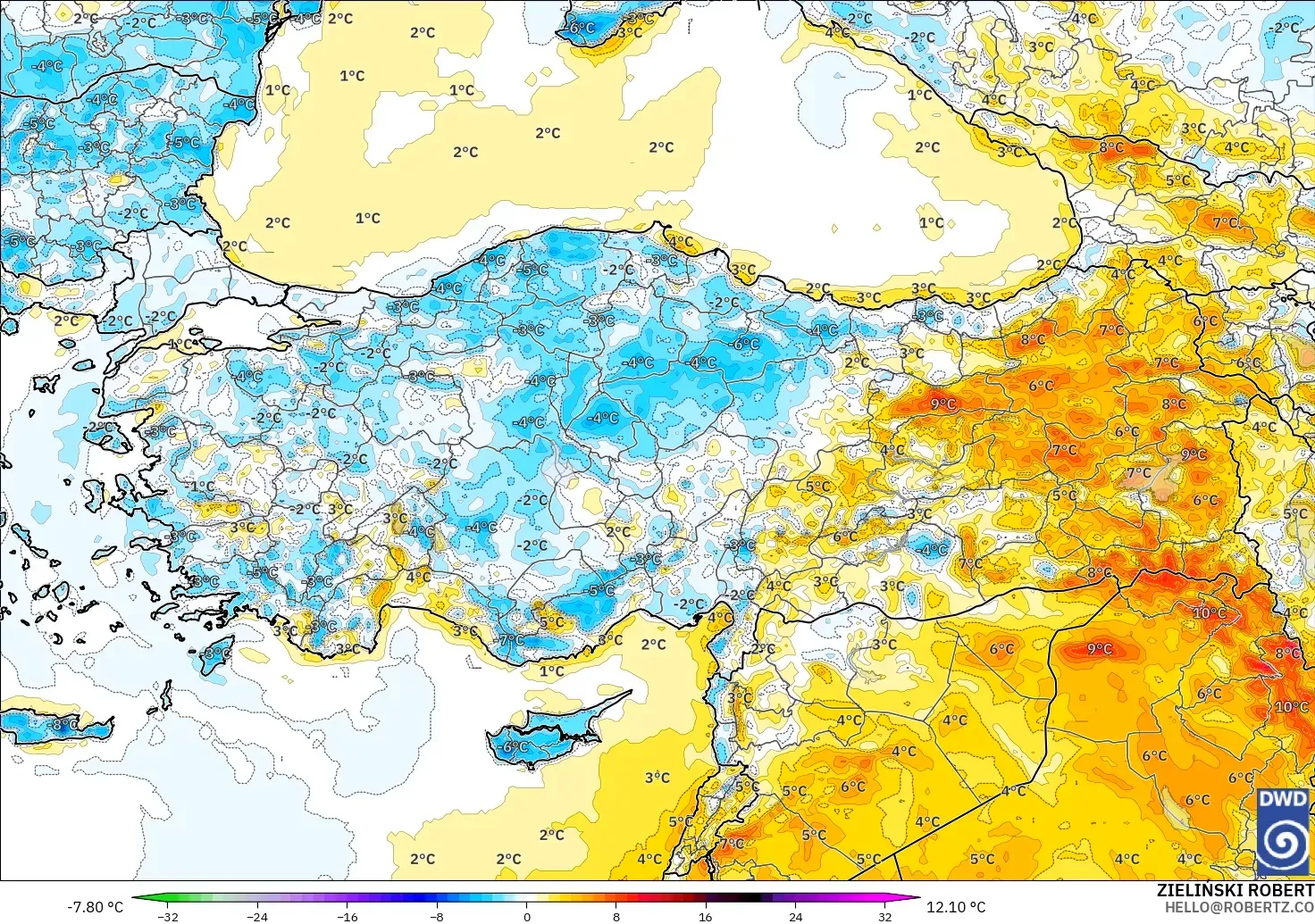 ICON modelo - Turquía, Anomalía de temperatura a 2 m