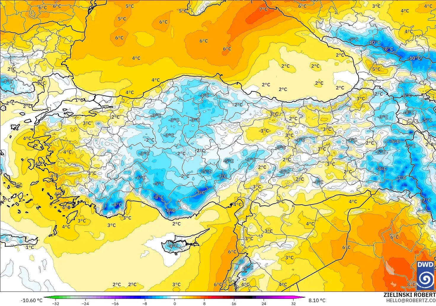 ICON modelo - Turquía, Anomalía de temperatura a 850 hPa