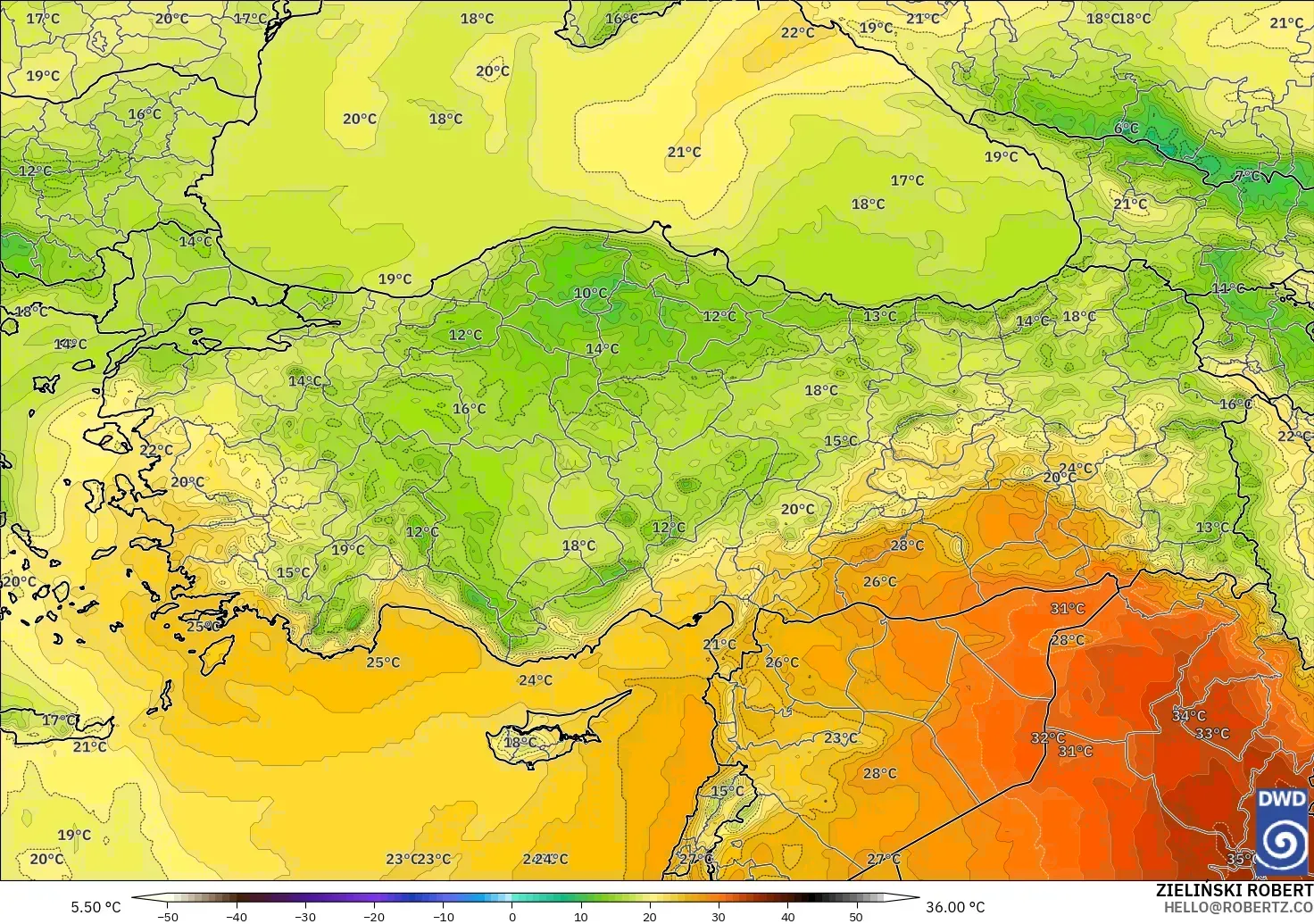 ICON modelo - Turquía, Temperatura a 850 hPa