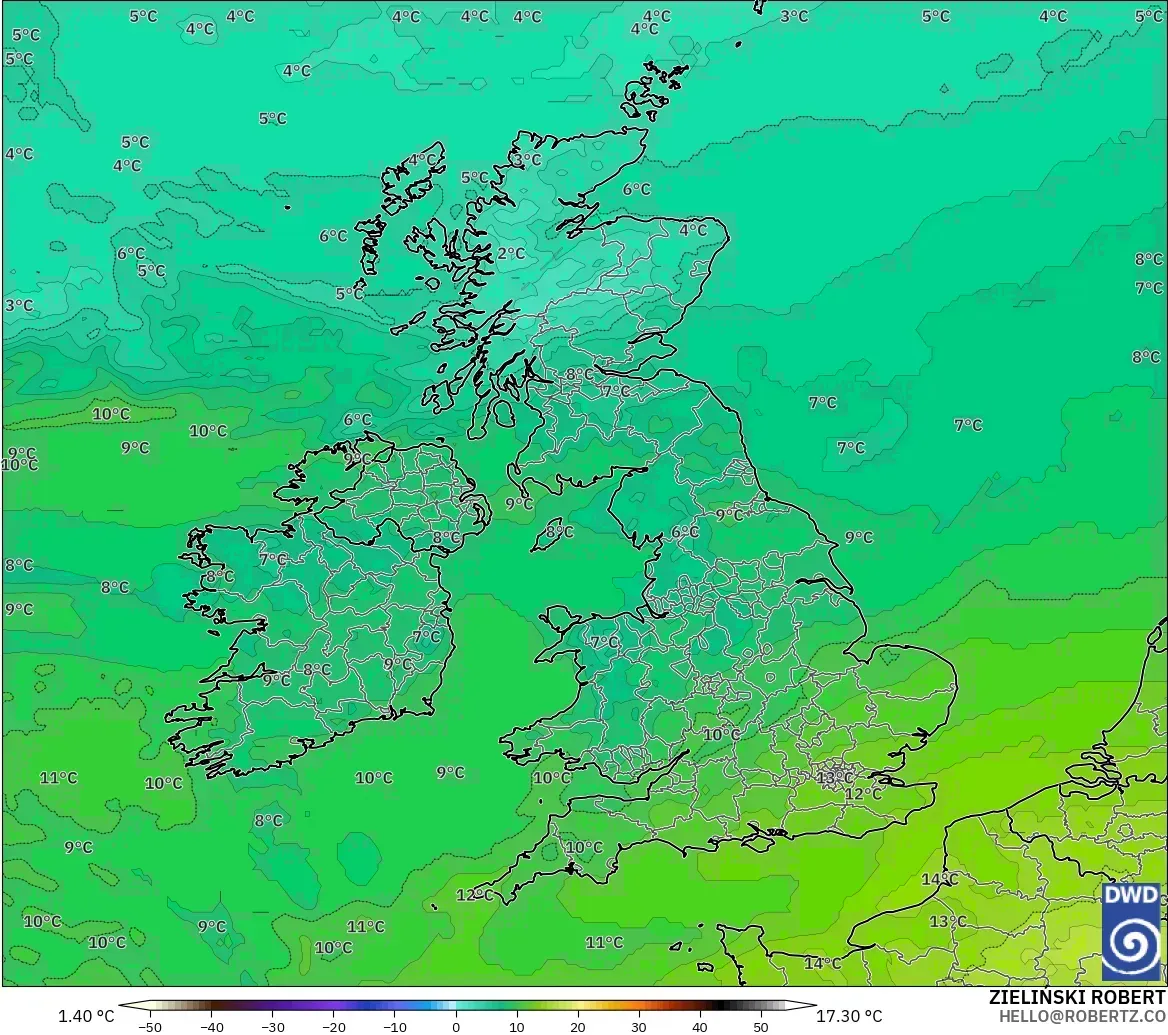 ICON modelo - Reino Unido, Temperatura a 850 hPa