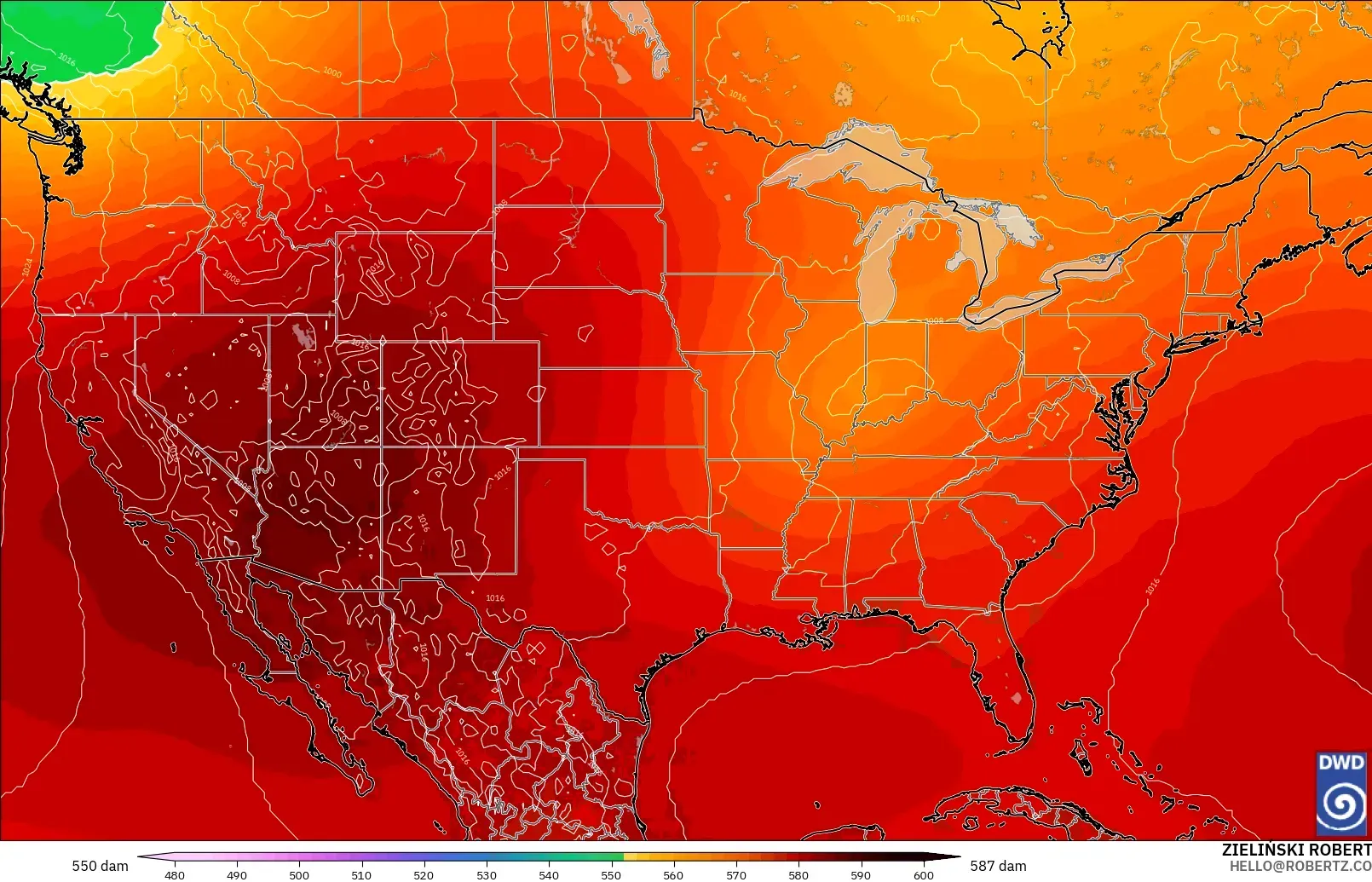 ICON modelo - Estados Unidos, Altura geopotencial a 500 hPa