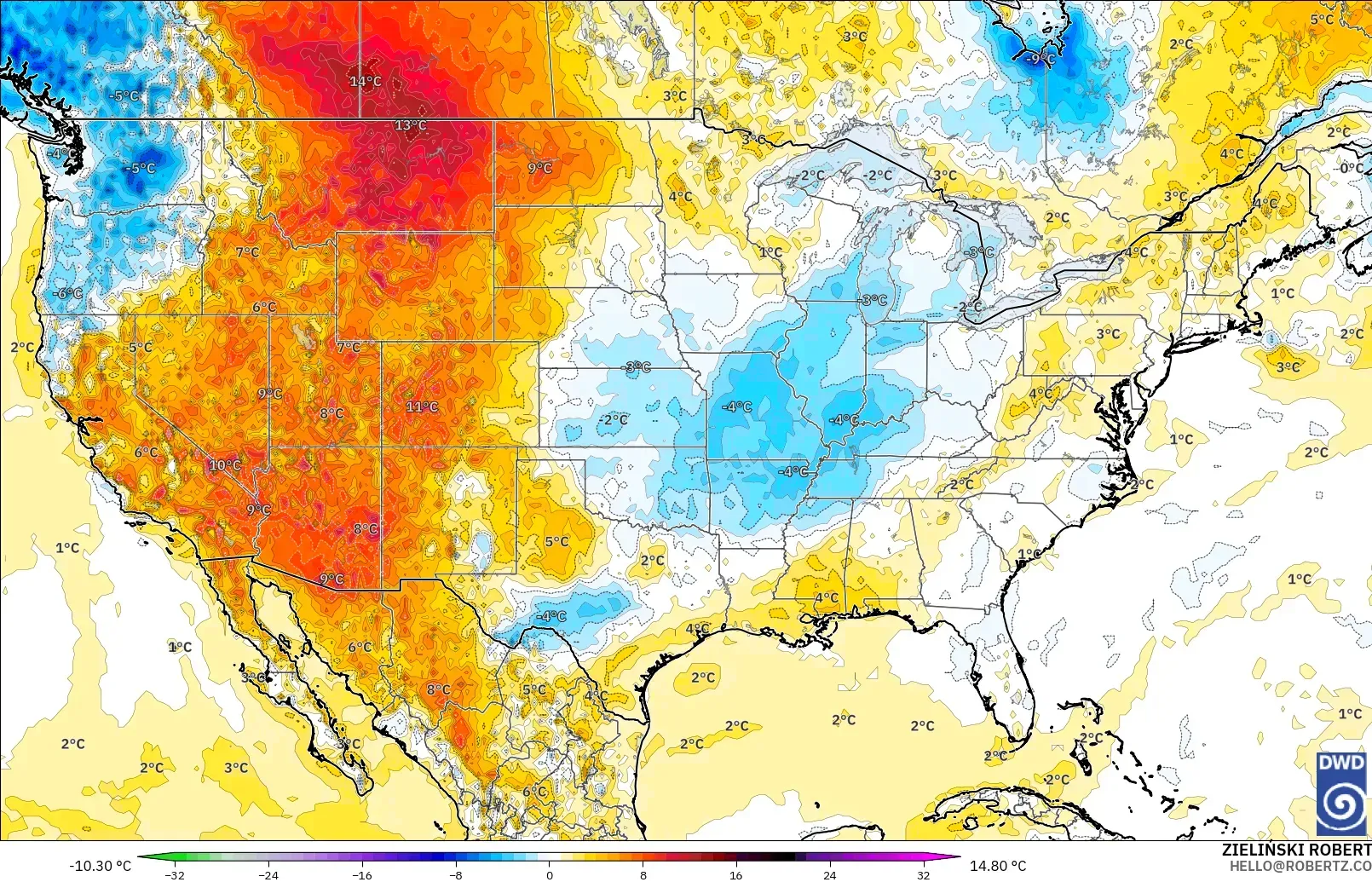 ICON modelo - Estados Unidos, Anomalía de temperatura a 2 m