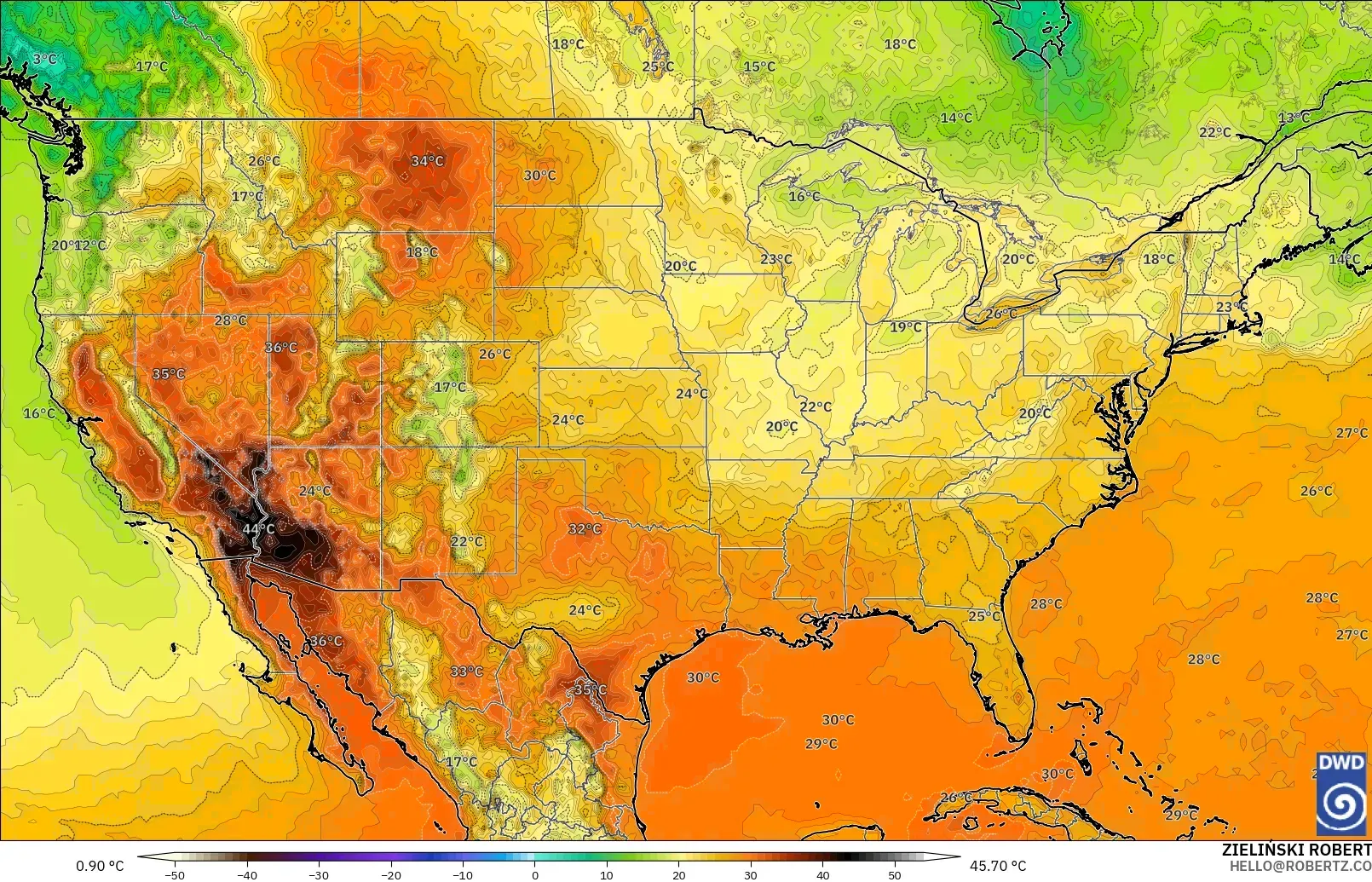 ICON modelo - Estados Unidos, Temperatura a 2 m