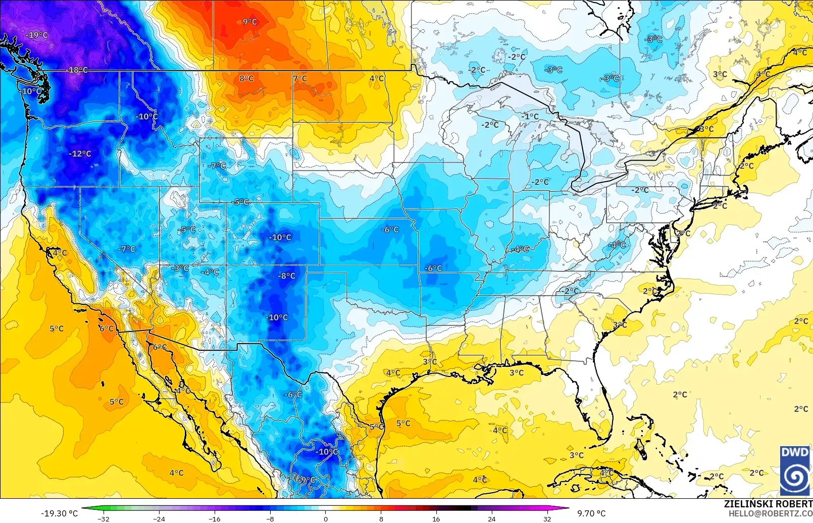 ICON modelo - Estados Unidos, Anomalía de temperatura a 850 hPa