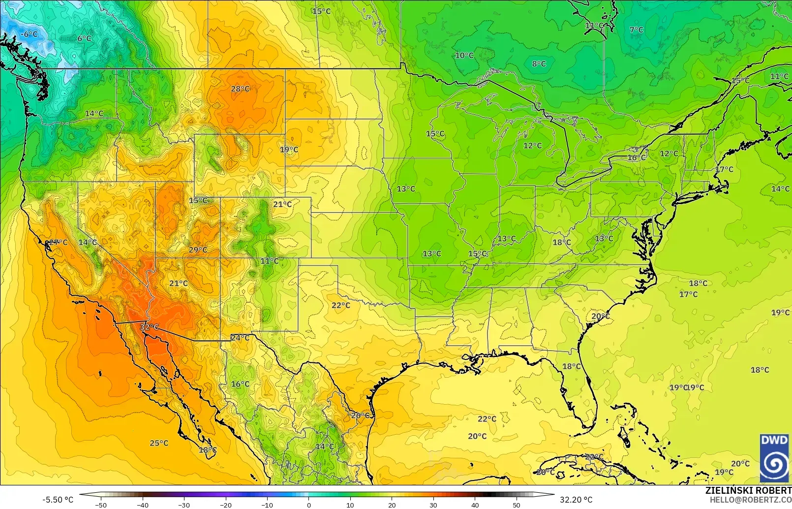 ICON modelo - Estados Unidos, Temperatura a 850 hPa