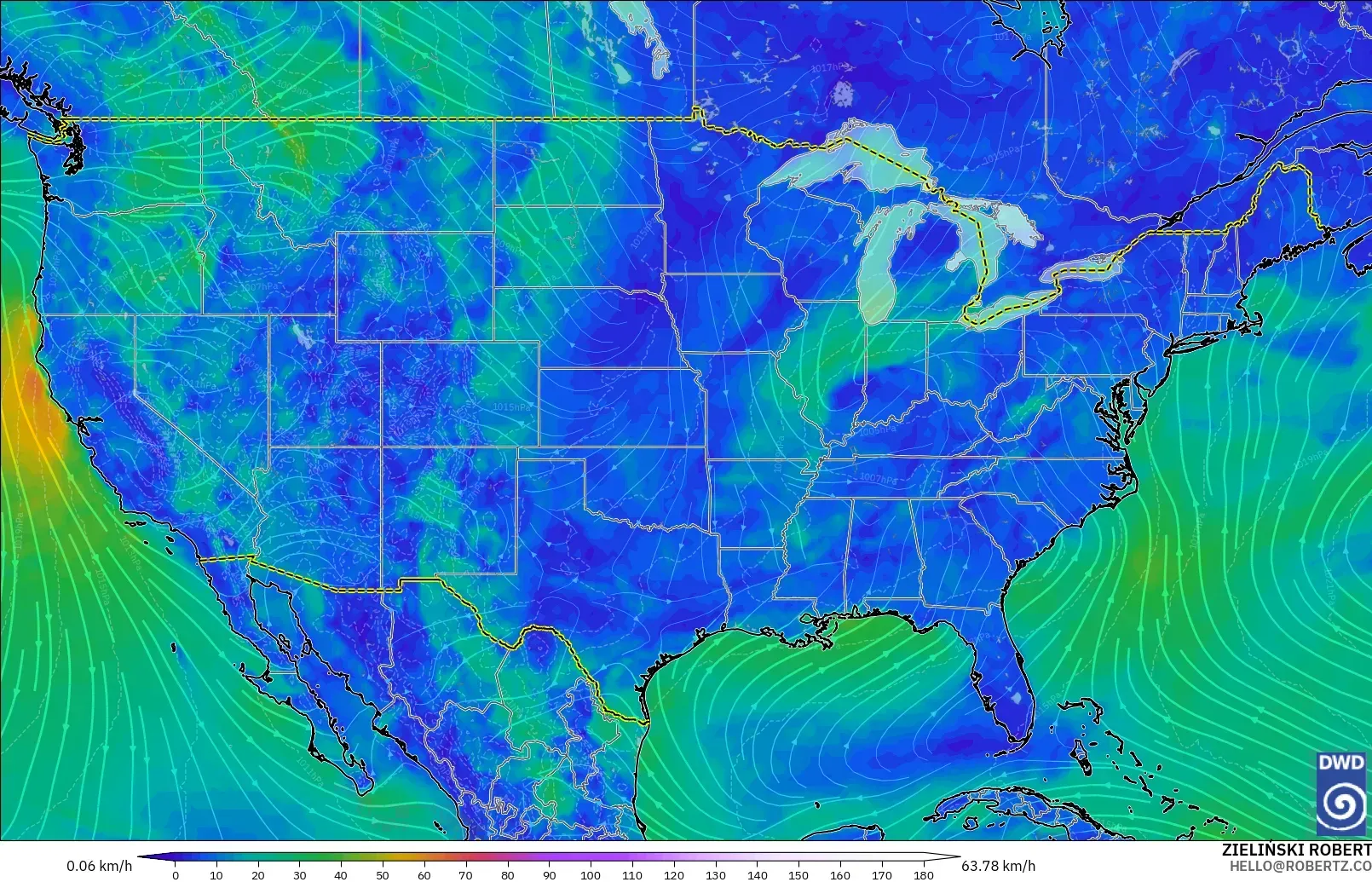ICON modelo - Estados Unidos, Viento a 10 m