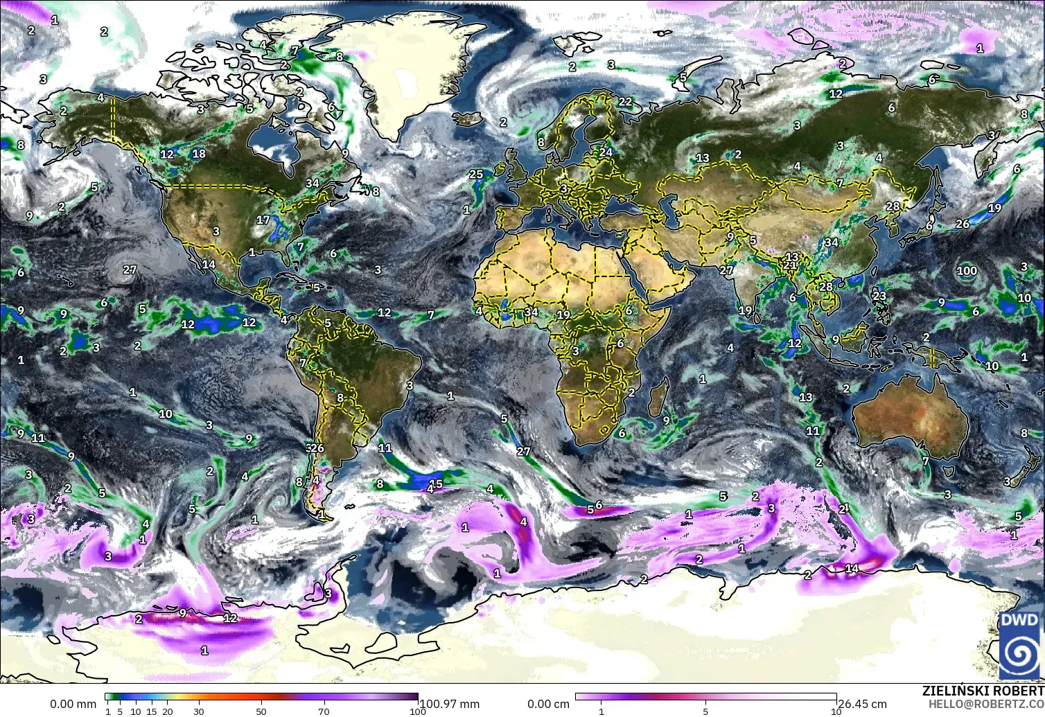 ICON modelo - Mundo, Precipitación, nubes y presión