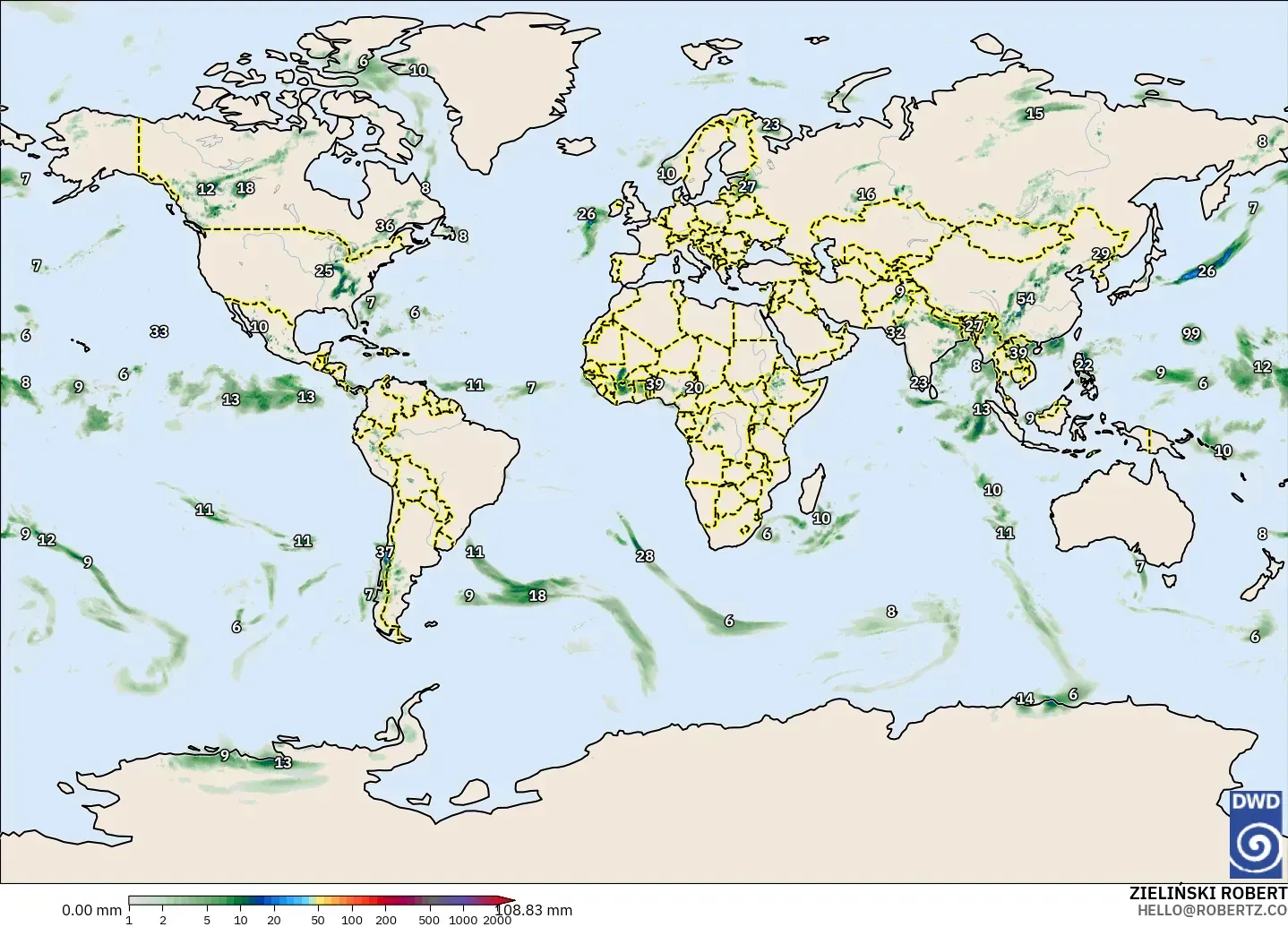 ICON modelo - Mundo, Acumulación de precipitación