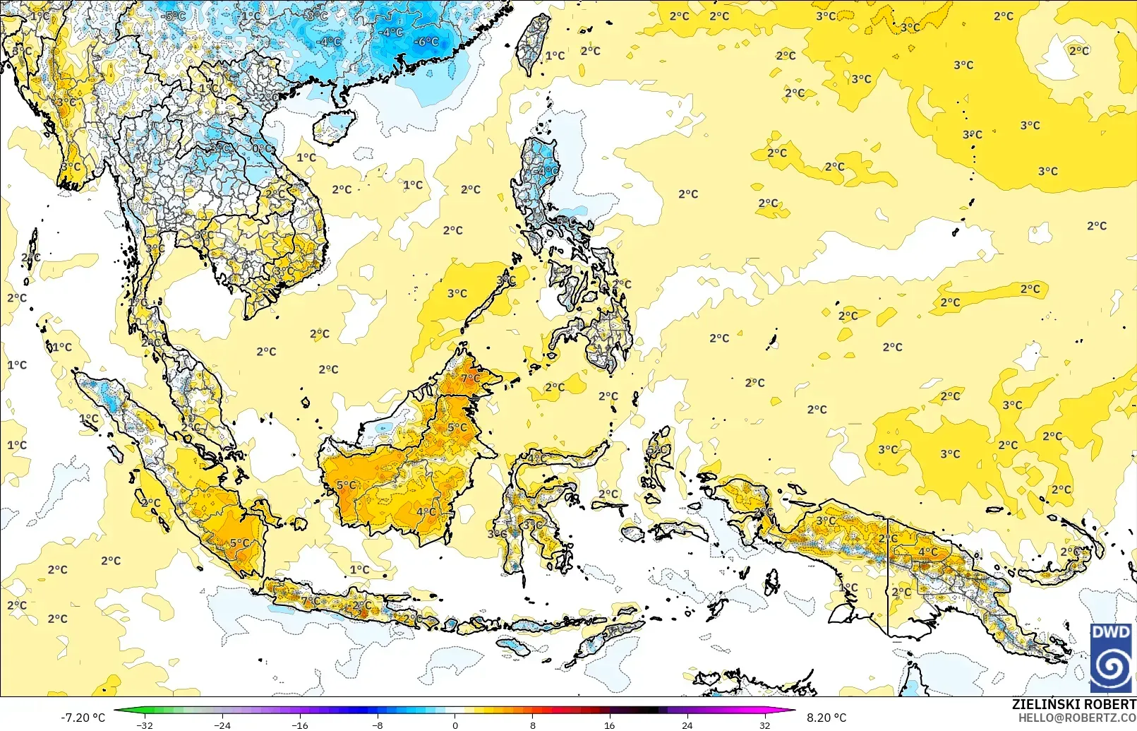 ICON modelo - Sudeste Asiático, Anomalía de temperatura a 2 m