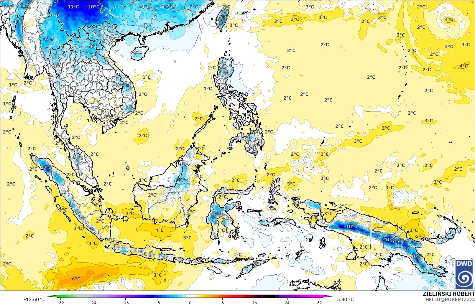 ICON modelo - Sudeste Asiático, Anomalía de temperatura a 850 hPa
