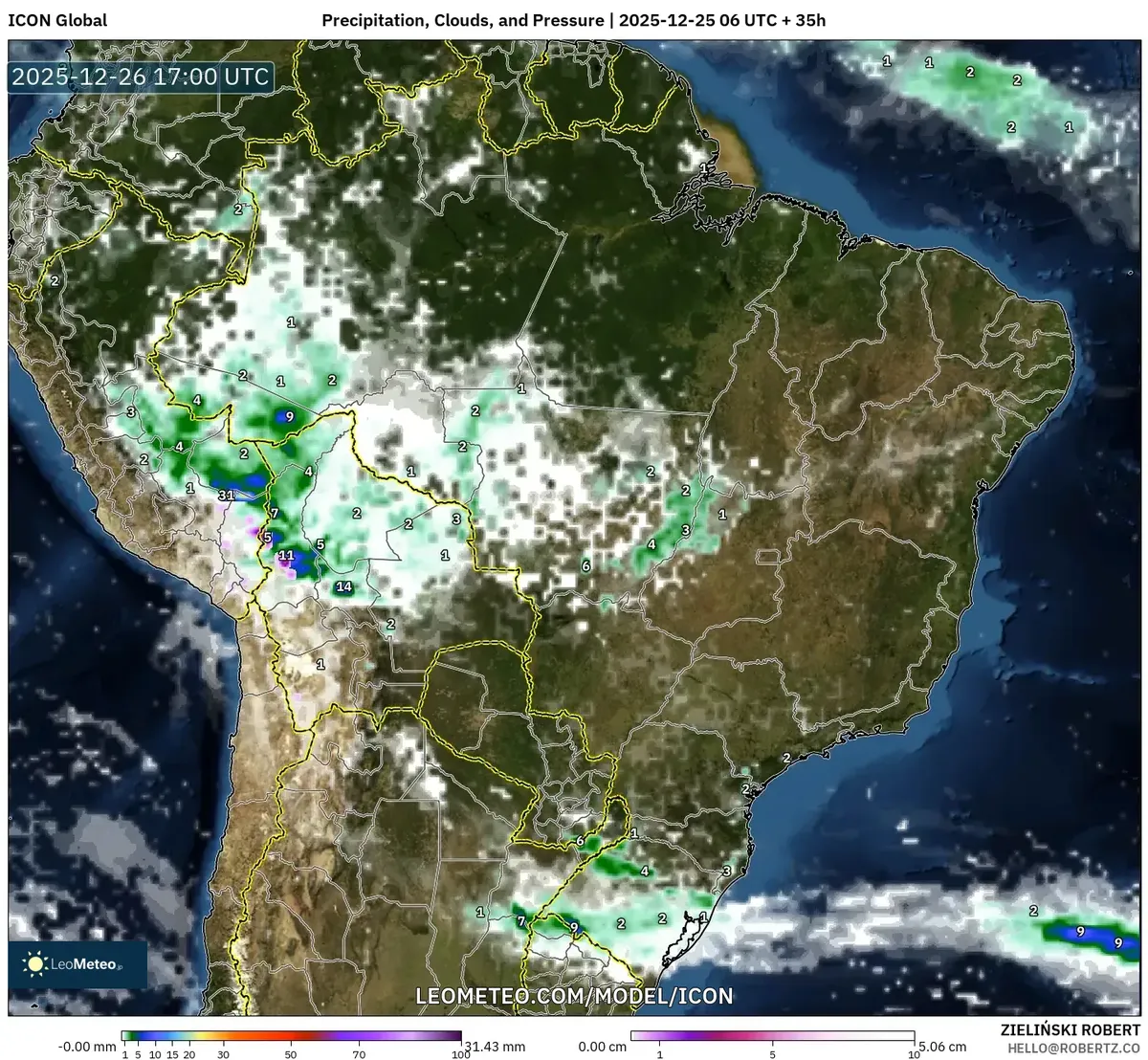 2025-12-25 Pronóstico de Actividad de Precipitación – Modelo del Tiempo de Brasil Mapa de Nubes y Presión