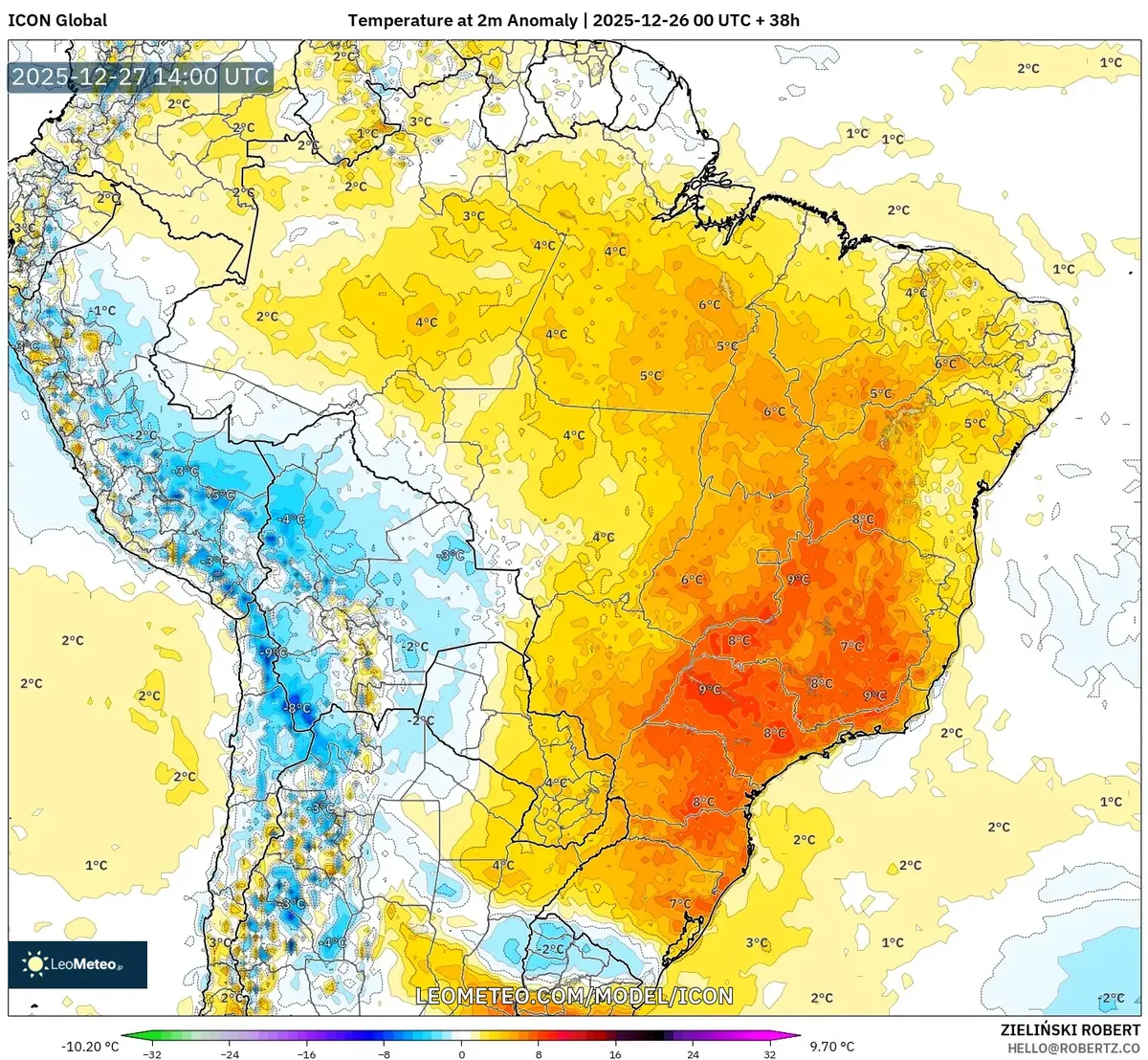 Anomalías de temperatura el 2025-12-26 en Brasil