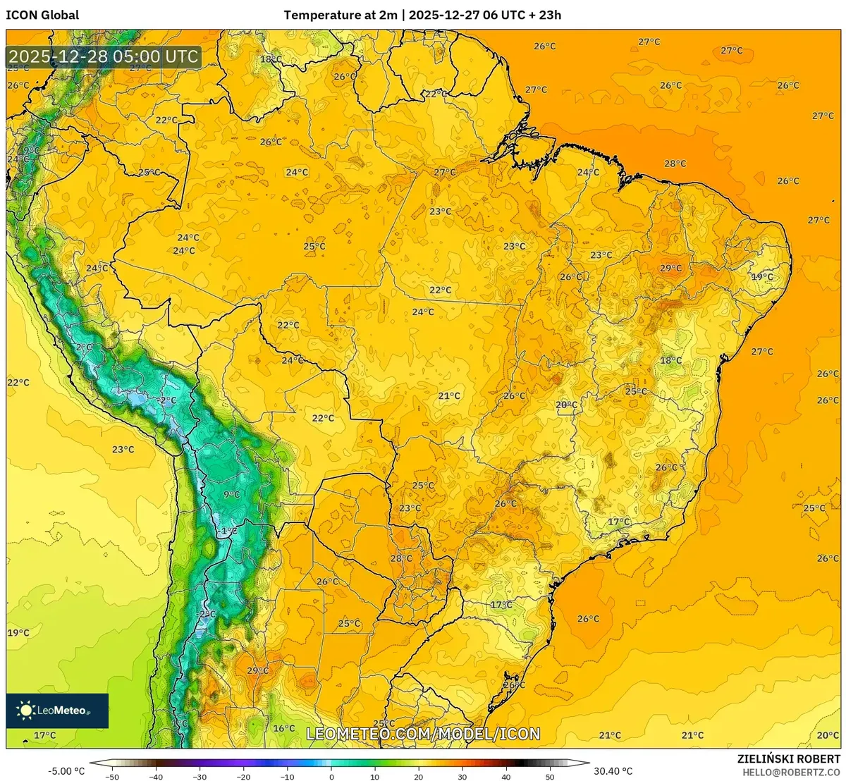 Distribución de la temperatura matutina en todo Perú el 28 de dic de 2025