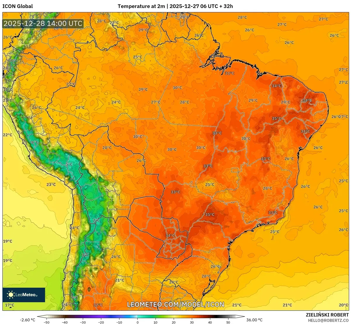 Pico de calor diurno en Perú el 28 de dic de 2025