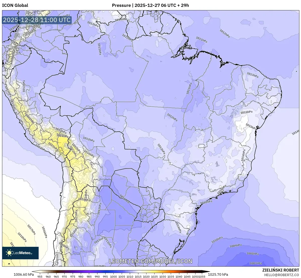 Alta Presión sobre América del Sur Central el 28 de dic 2025