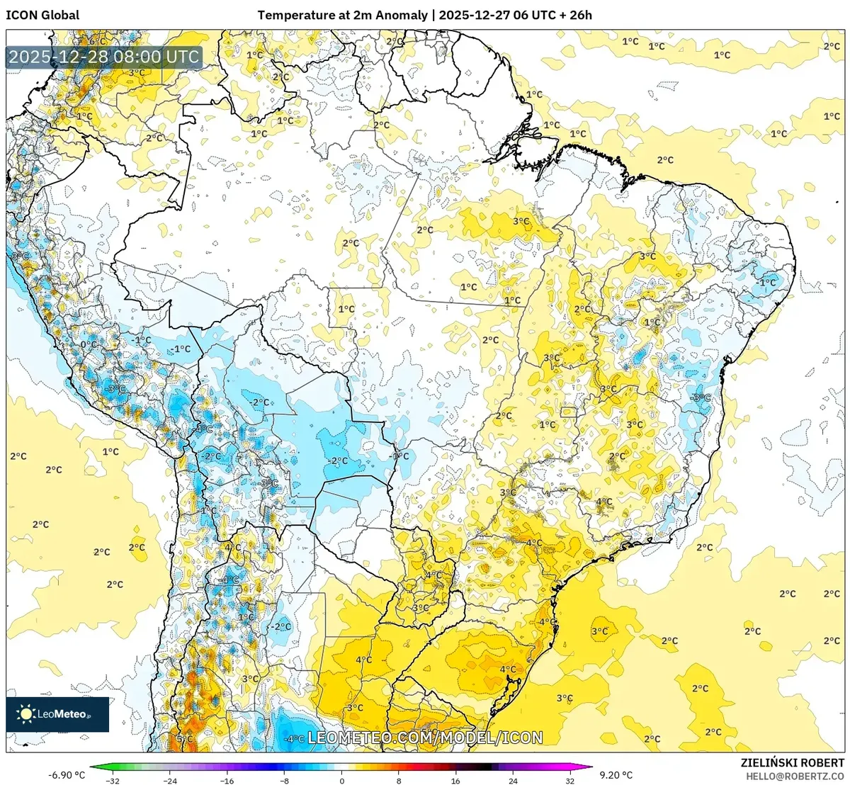 Anomalias de Temperatura alcanzando su punto máximo en Perú el 28 de dic 2025