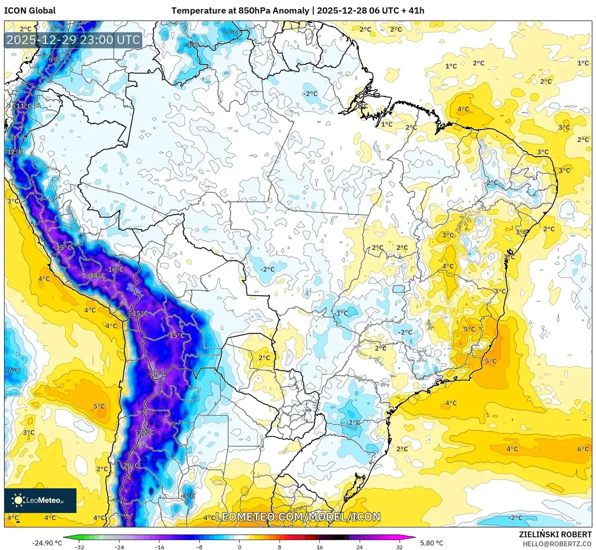 Anomalías cálidas cubriendo Perú el 29 de dic, 2025