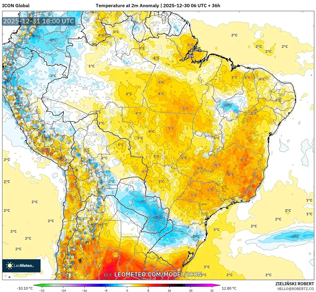Anomalías de temperatura por encima del promedio en Perú el 31 de dic 2025