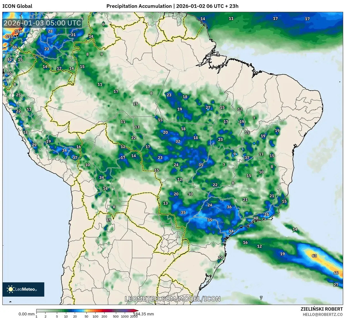 Acumulación de precipitaciones más alta en el sur del Perú el 3 de enero de 2026