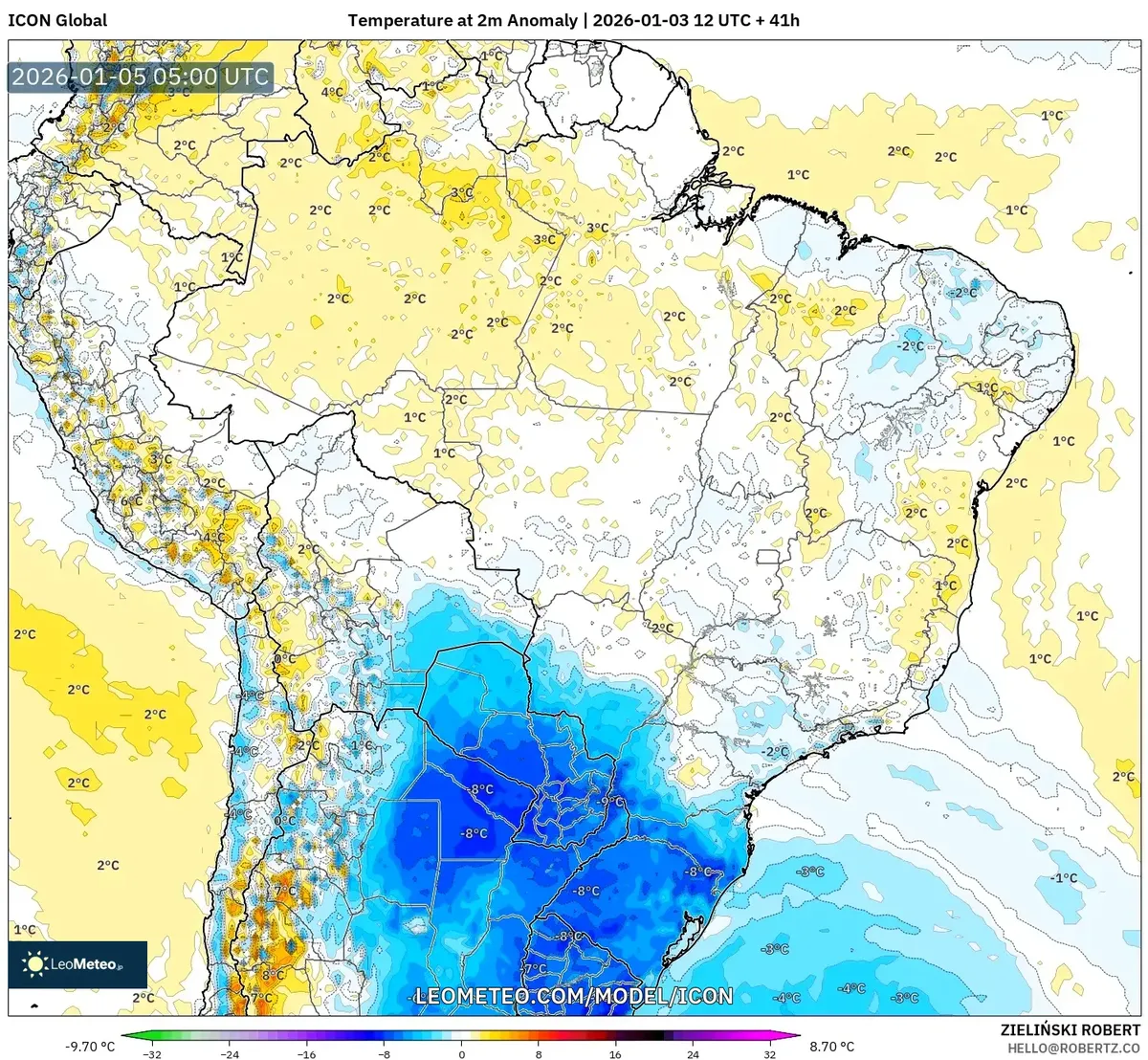 Anomalía de temperatura en 2m en Cusco el 5 de enero de 2026